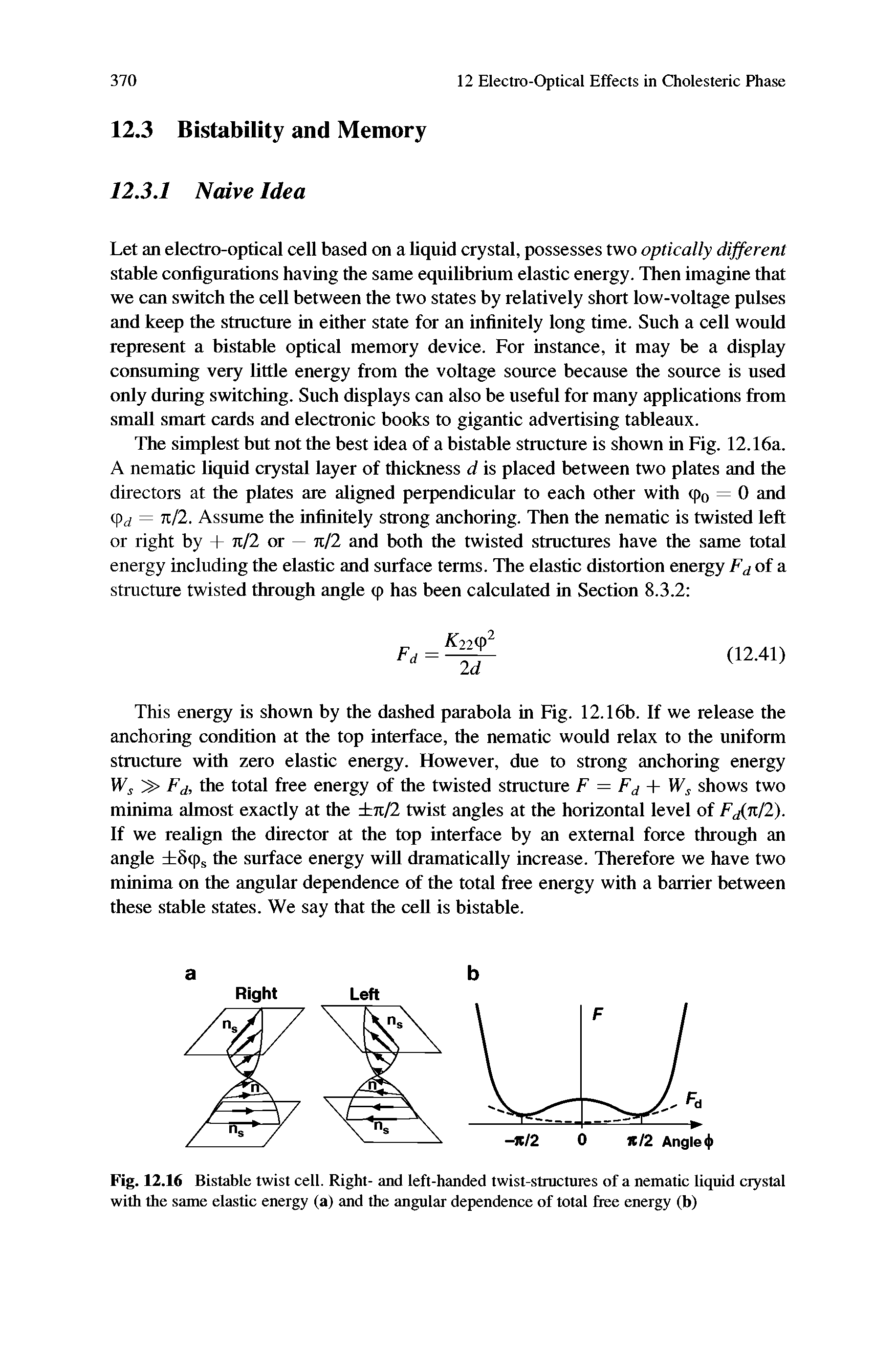 Fig. 12.16 Bistable twist cell. Right- and left-handed twist-structures of a nematic liquid crystal with the same elastic energy (a) and the angular dependence of total free energy (b)...