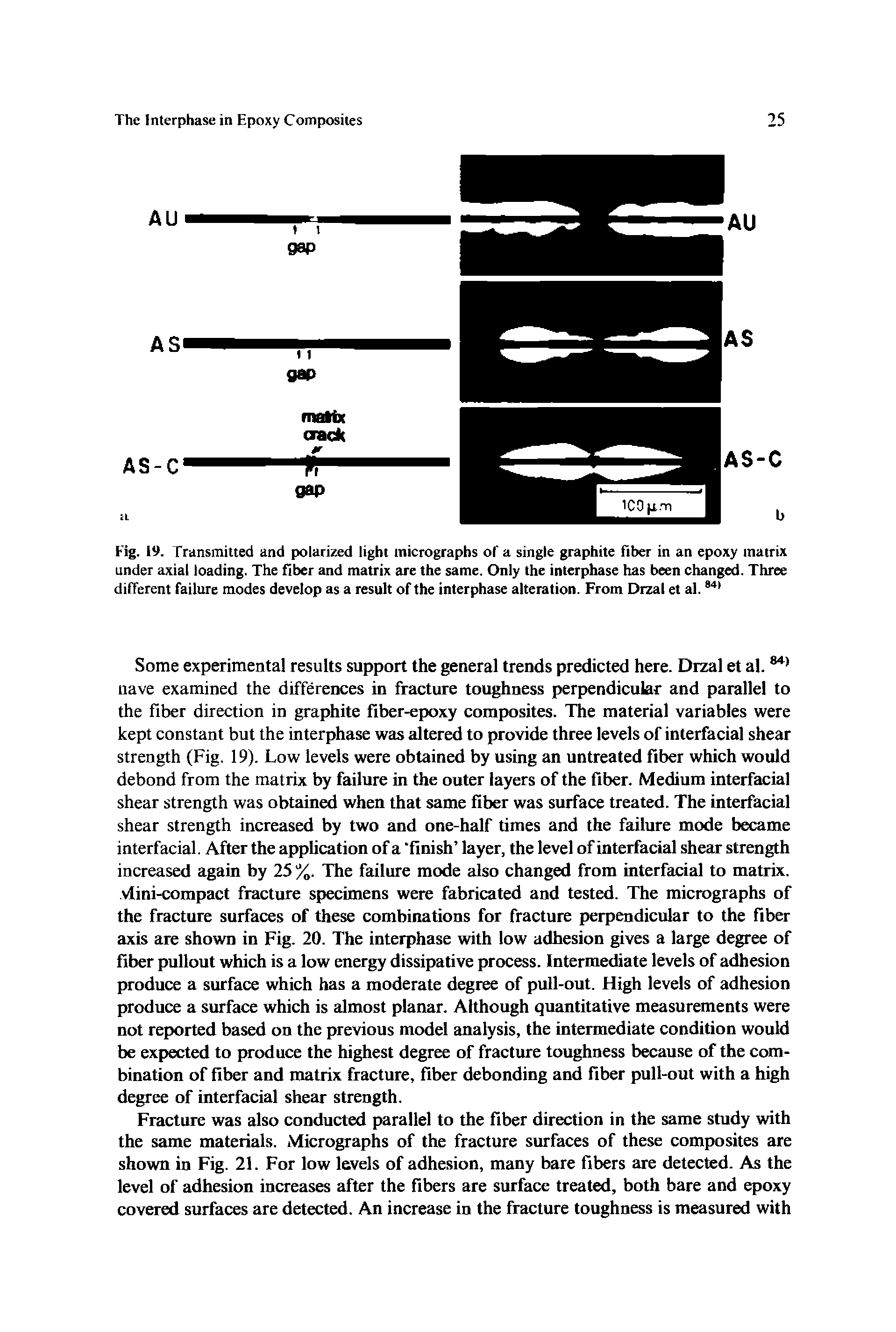 Fig. 19. Transmitted and polarized light micrographs of a single graphite fiber in an epoxy matrix under axial loading. The fiber and matrix are the same. Only the interphase has been changed. Three different failure modes develop as a result of the interphase alteration. From Drzal et al. 841...