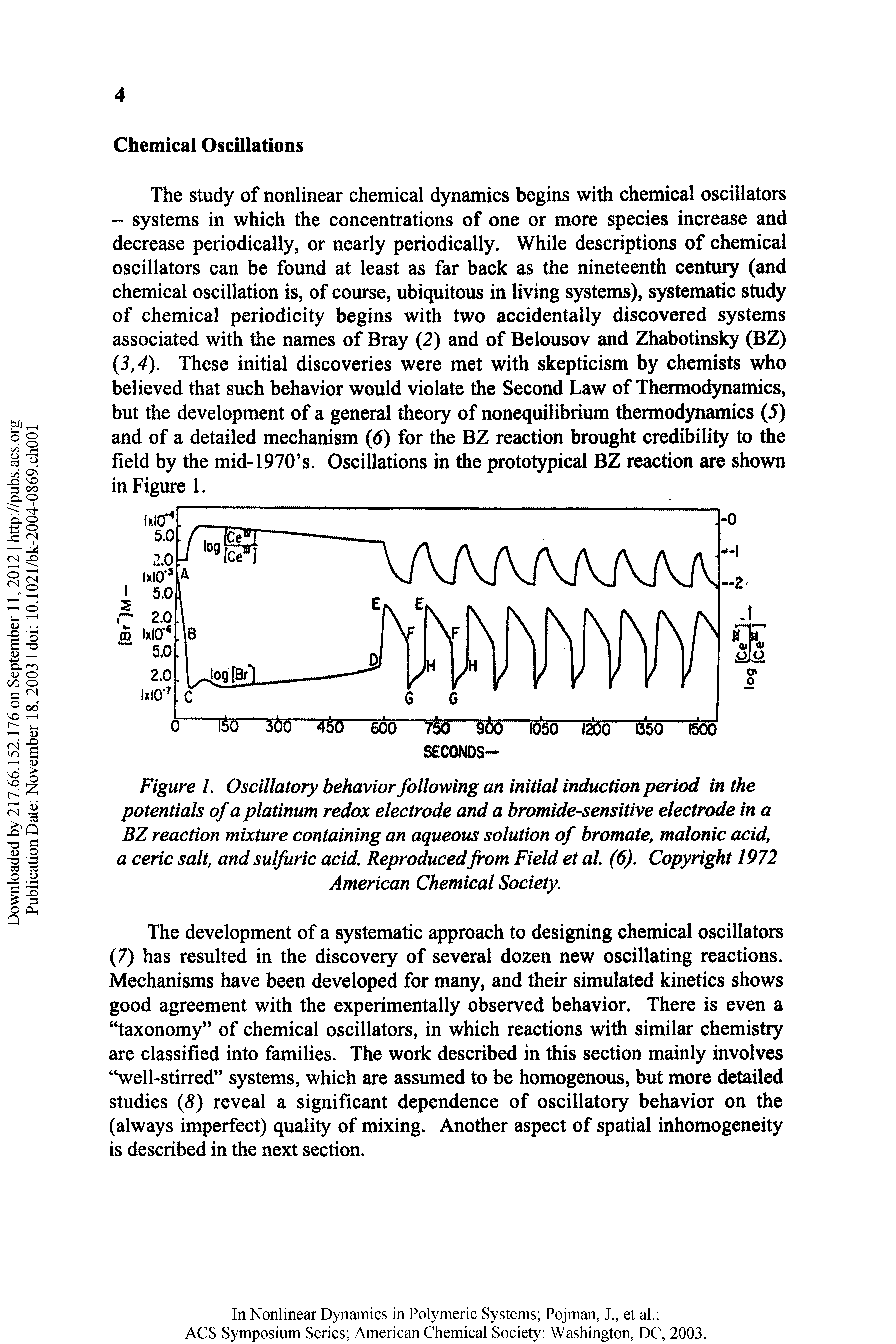 Figure 1. Oscillatory behavior following an initial induction period in the potentials of a platinum redox electrode and a bromide sensitive electrode in a BZ reaction mixture containing an aqueous solution of bromate, malonic acid, a ceric salt, and sulfuric acid. Reproduced from Field et al. (6). Copyright 1972 American Chemical Society,...