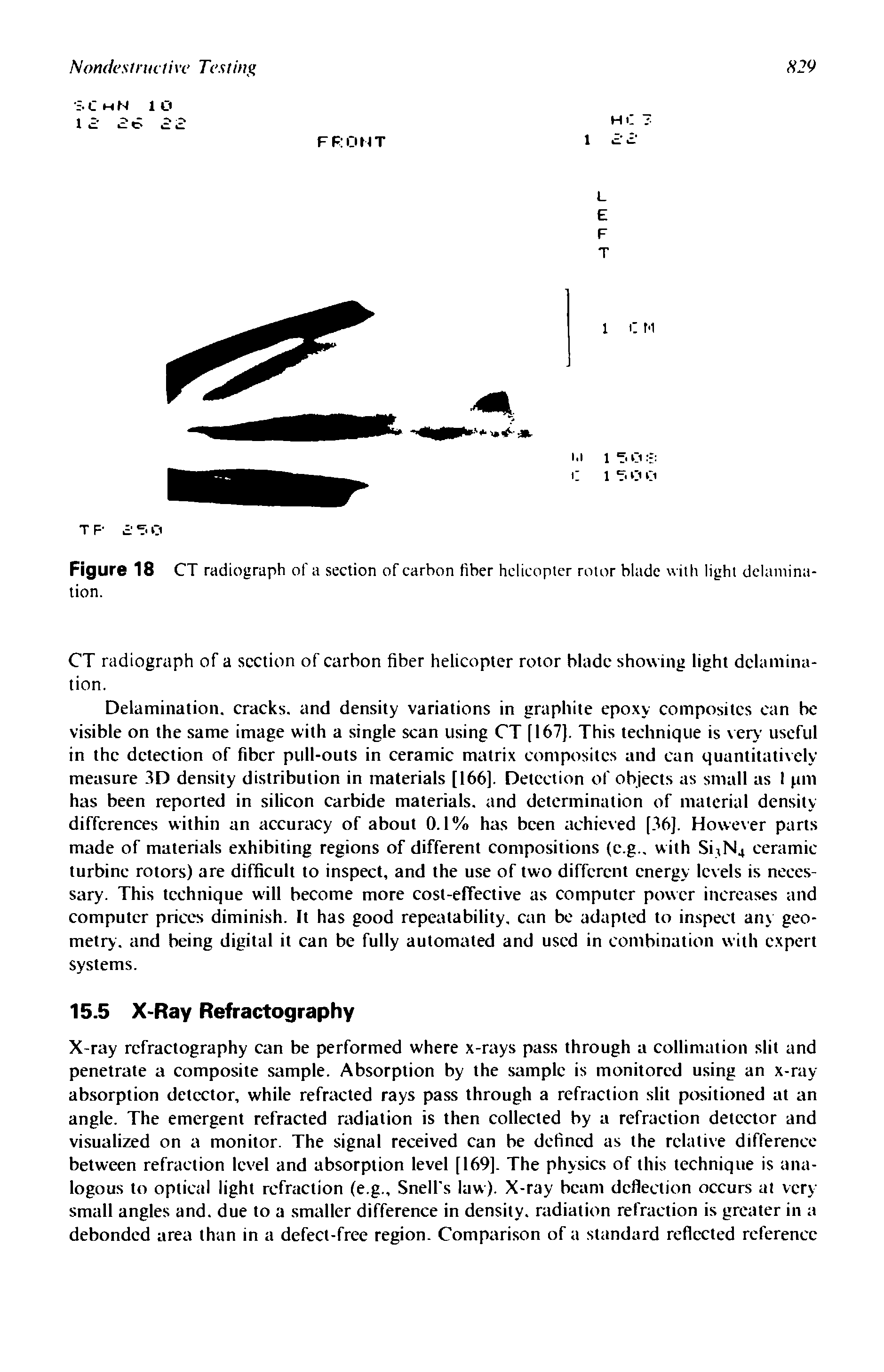 Figure 18 CT radiograph of a section of carbon fiber helicopter rotor blade with light delamination.