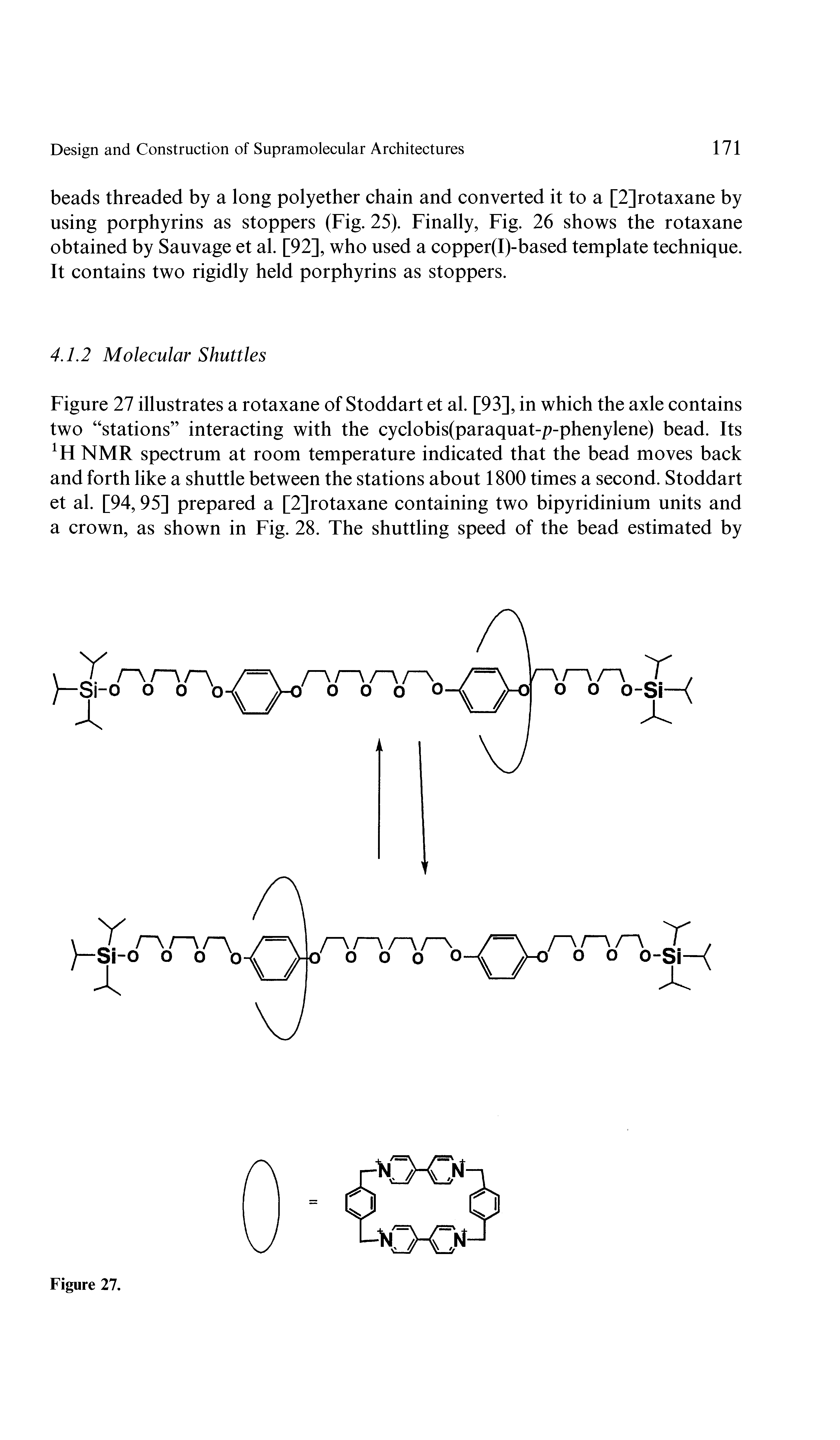 Figure 27 illustrates a rotaxane of Stoddart et al. [93], in which the axle contains two stations interacting with the cyclobis(paraquat-p-phenylene) bead. Its NMR spectrum at room temperature indicated that the bead moves back and forth like a shuttle between the stations about 1800 times a second. Stoddart et al. [94,95] prepared a [2]rotaxane containing two bipyridinium units and a crown, as shown in Fig. 28. The shuttling speed of the bead estimated by...
