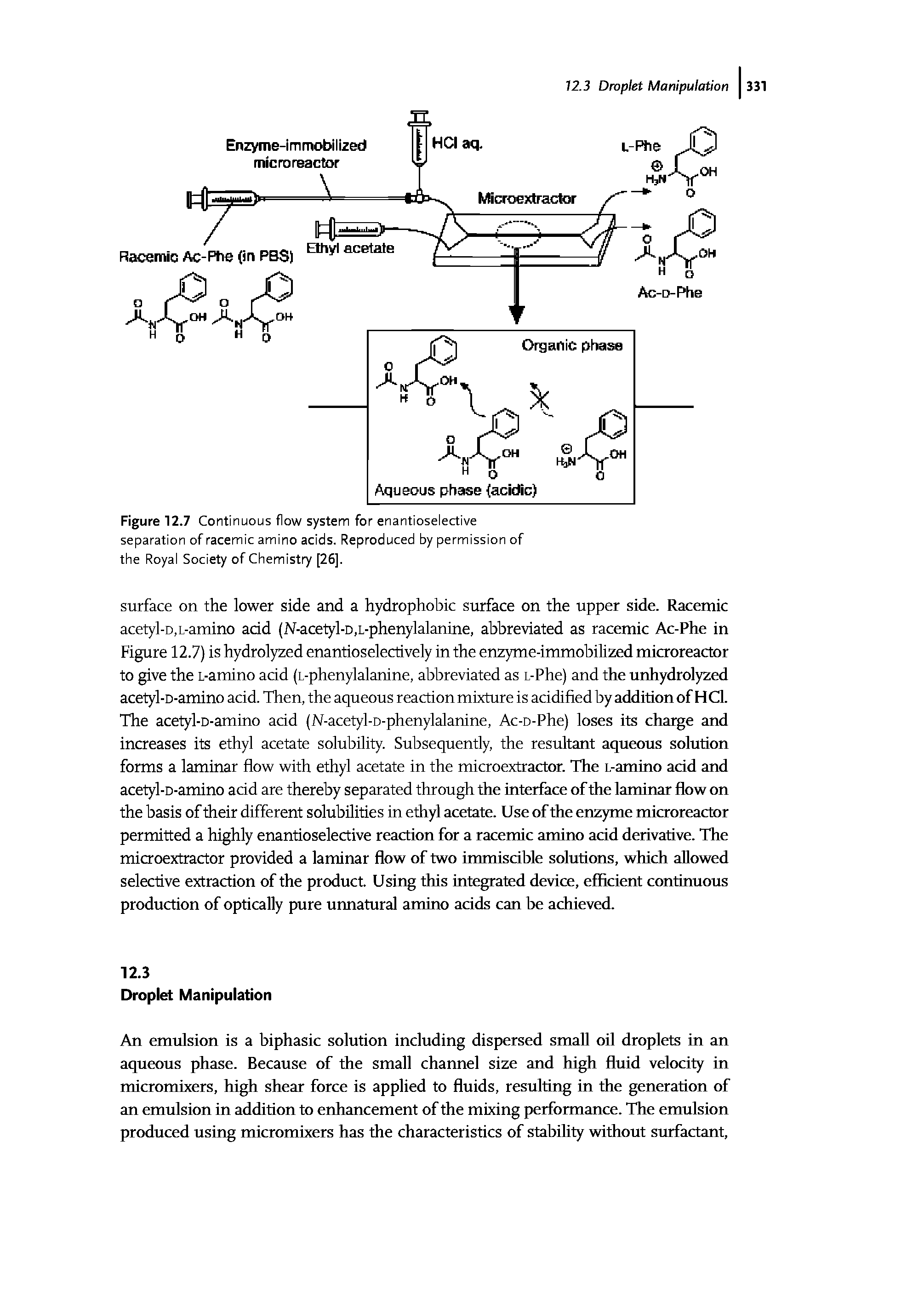 Figure 12.7 Continuous flow system for enantioselective separation of racemic amino acids. Reproduced by permission of the Royal Society of Chemist [26].