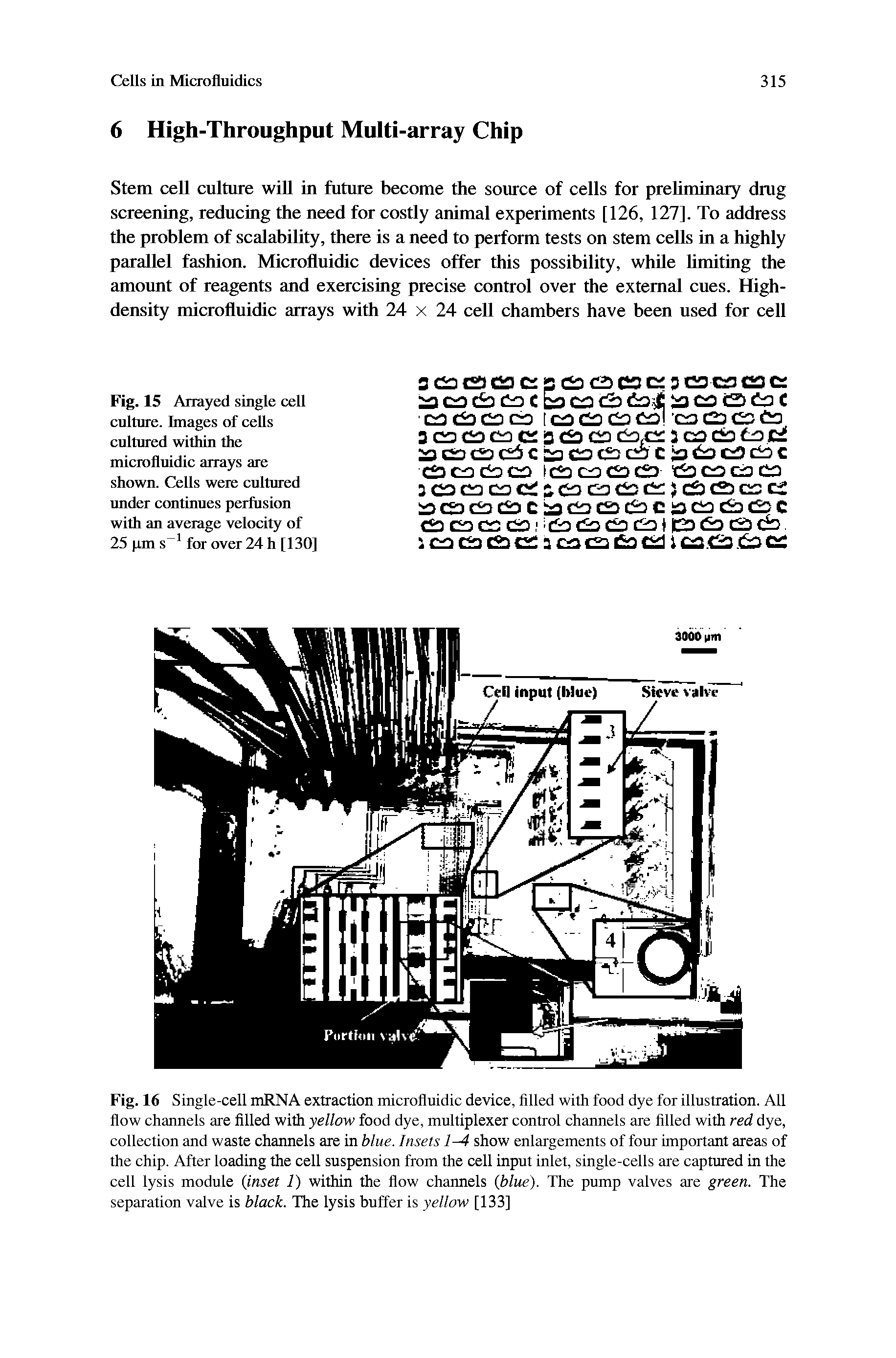 Fig. 16 Single-cell mRNA extraction microfluidic device, filled with food dye for illustration. All flow channels are filled with yellow food dye, multiplexer control channels are filled with red dye, collection and waste channels are in blue. Insets 1-4 show enlargements of four important areas of the chip. After loading the cell suspension from the cell input inlet, single-cells are captured in the cell lysis module (inset 1) within the flow channels (blue). The pump valves are green. The separation valve is black. The lysis buffer is yellow [133]...