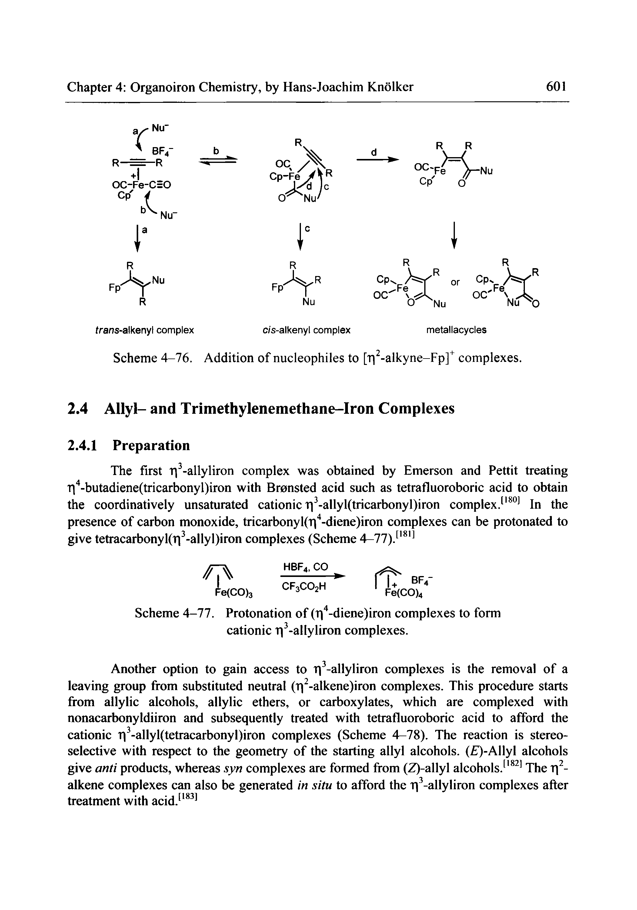 Scheme 4-77. Protonation of (T -diene)iron complexes to form cationic Ti -allyliron complexes.