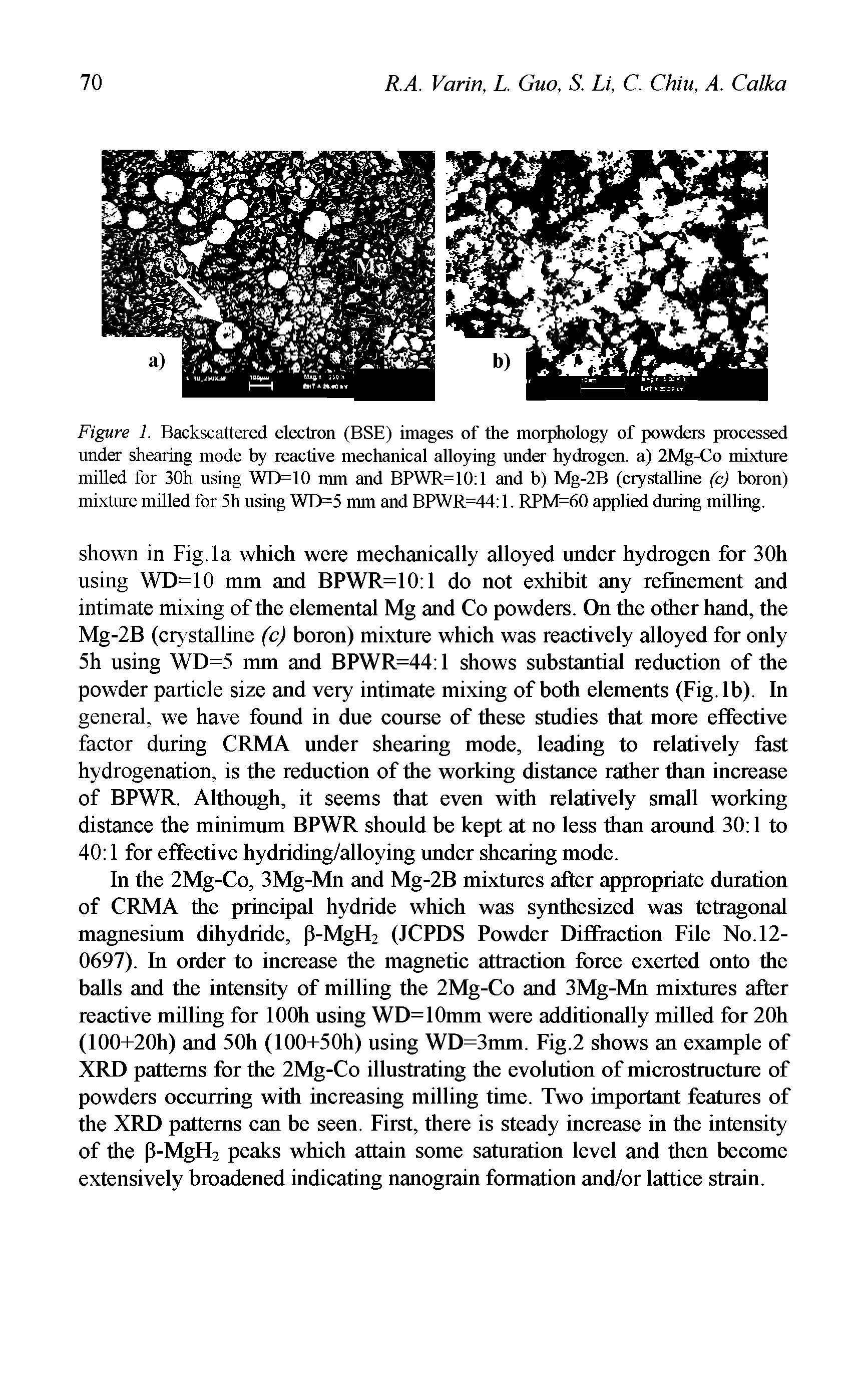 Figure 1. Backscattered electron (BSE) images of the morphology of powders processed under shearing mode by reactive mechanical alloying under hydrogen, a) 2Mg-Co mixture milled for 30h using WD=10 mm and BPWR=10 1 and b) Mg-2B (crystalline (c) boron) mixture milled for 5h using WD=5 mm and BPWR=44 1. RPM=60 applied during milling.
