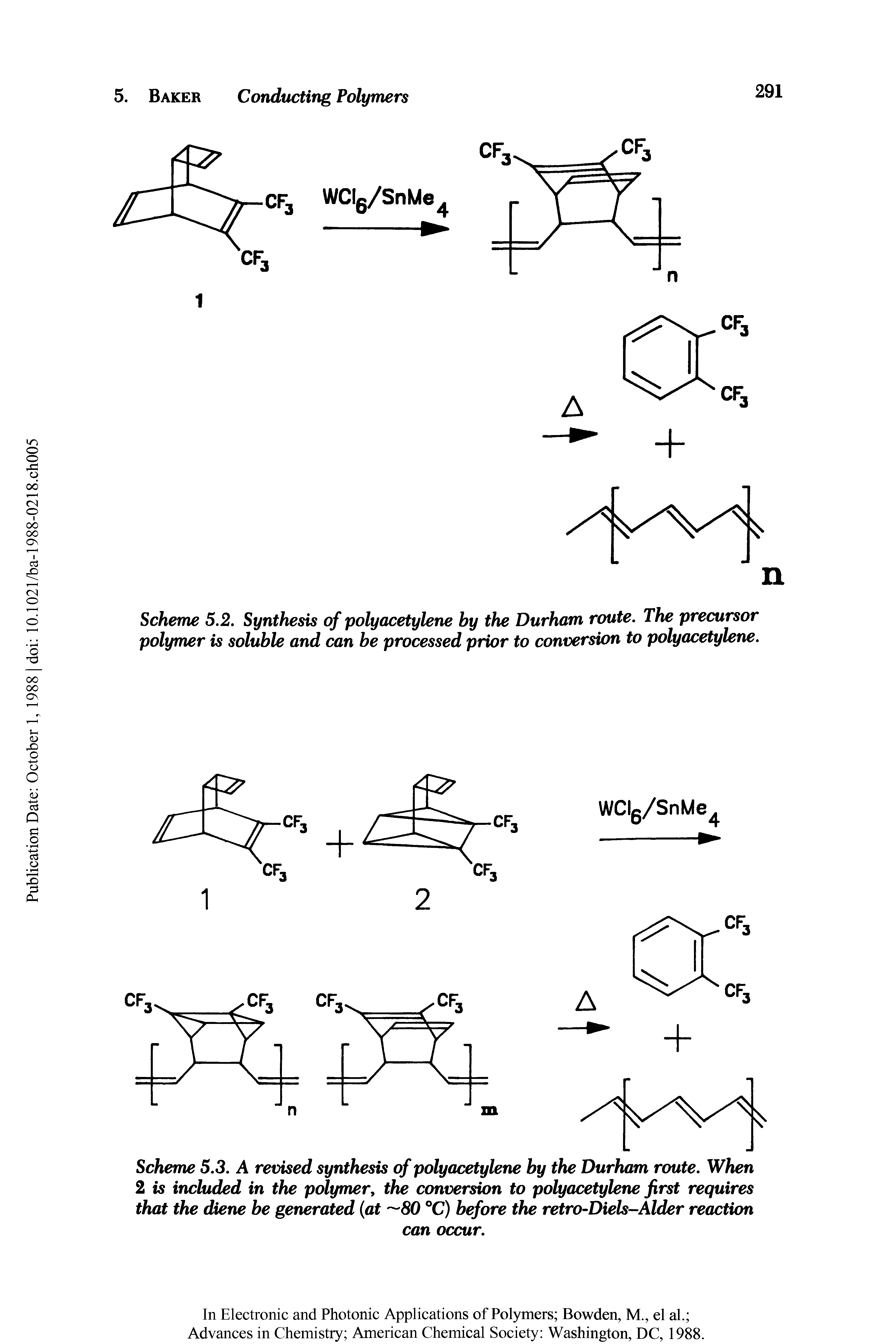 Scheme 5.3. A revised synthesis of polyacetylene by the Durham route. When 2 is included in the polymer, the conversion to polyacetylene first requires that the diene be generated at 80 °C) before the retro-Diels-Alder reaction...