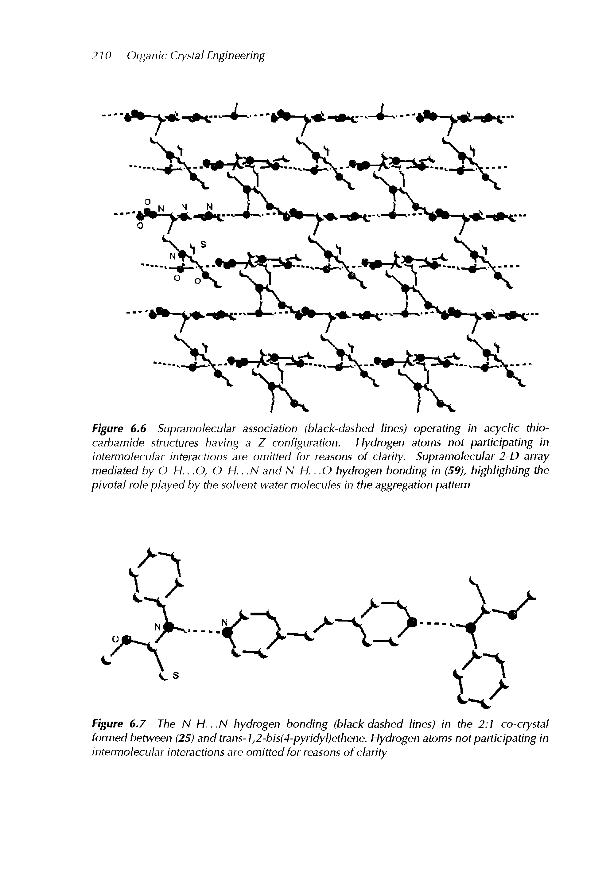 Figure 6.6 Supramolecular association (black-dashed lines) operating in acyclic thio-carbamide structures having a Z configuration. Hydrogen atoms not participating in intermolecular interactions are omitted for reasons of clarity. Supramolecular 2-D array mediated by O-H... O, O-H... N and N-H... O hydrogen bonding in (59), highlighting the pivotal role played by the solvent water molecules in the aggregation pattern...