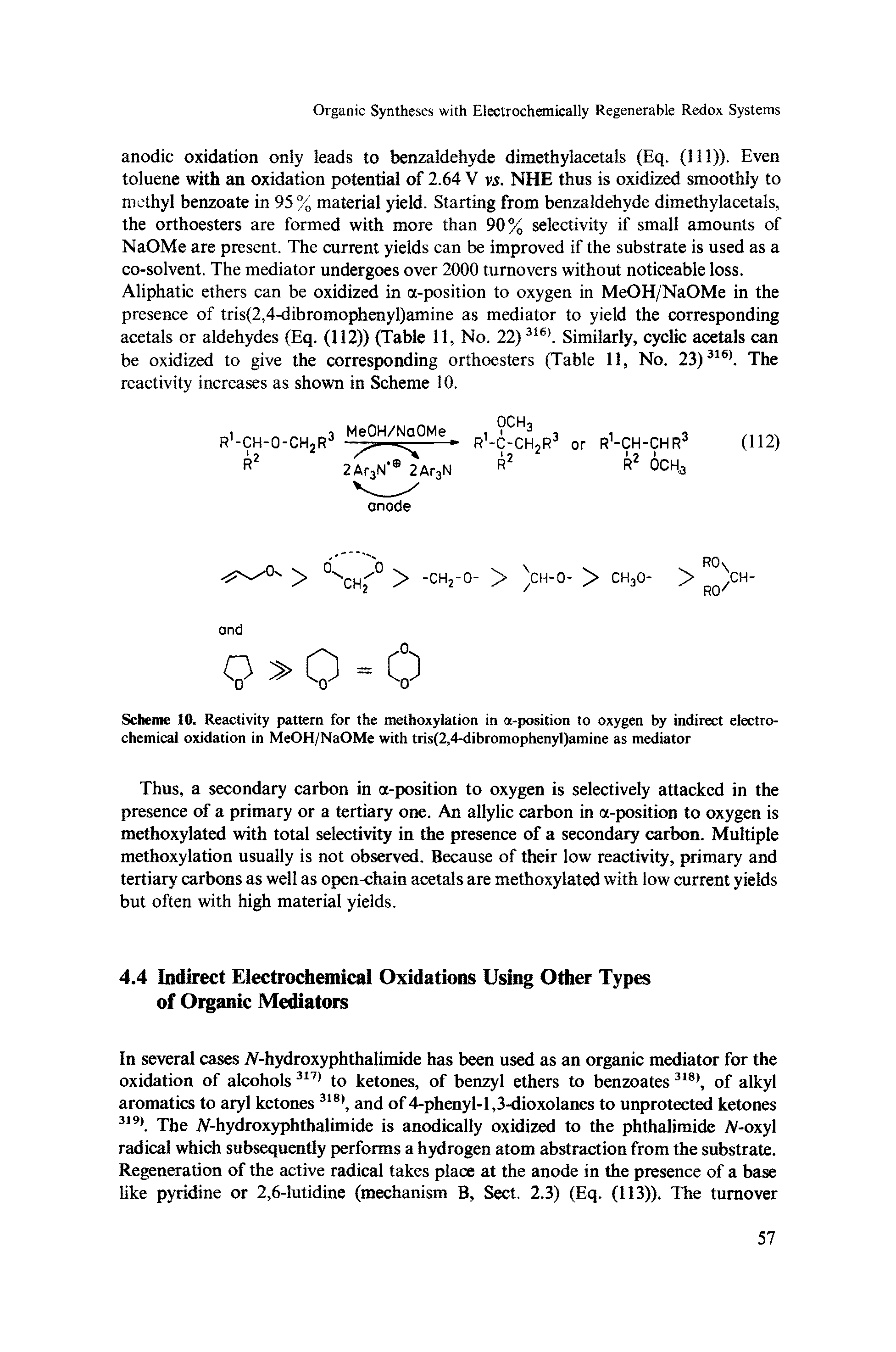 Scheme 10. Reactivity pattern for the methoxylation in a-position to oxygen by indirect electrochemical oxidation in MeOH/NaOMe with tris(2,4-dibromophenyl)amine as mediator...