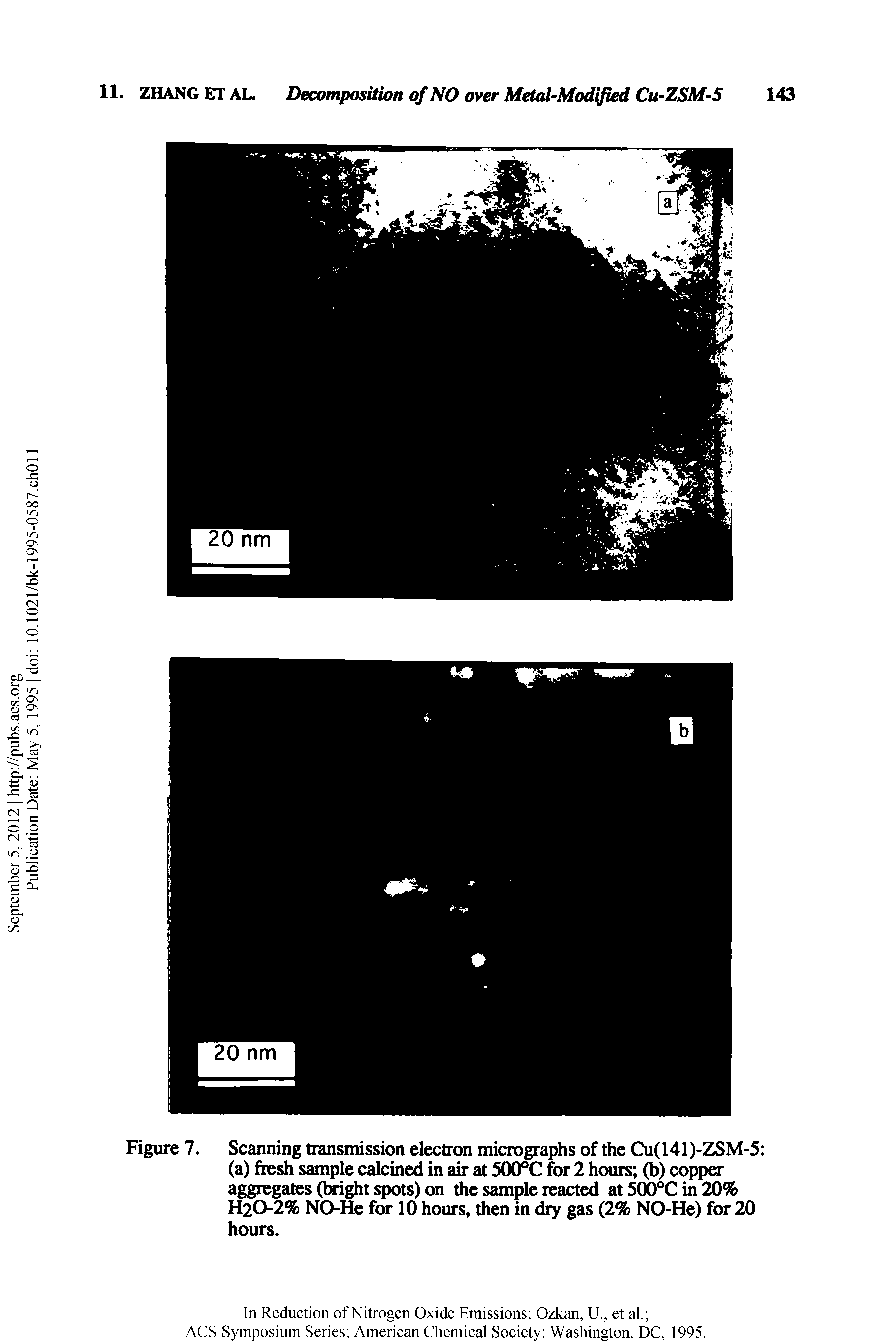 Figure 7. Scanning transmission electron micrographs of the Cu(141)-ZSM-5 (a) fresh sample calcined in air at S00°C for 2 hours (b) copper aggregates (Mght spots) on the sample reacted at 500 C in 20% H20-2% NO-He for 10 hours, then in dry gas (2% NO-He) for 20 hours.