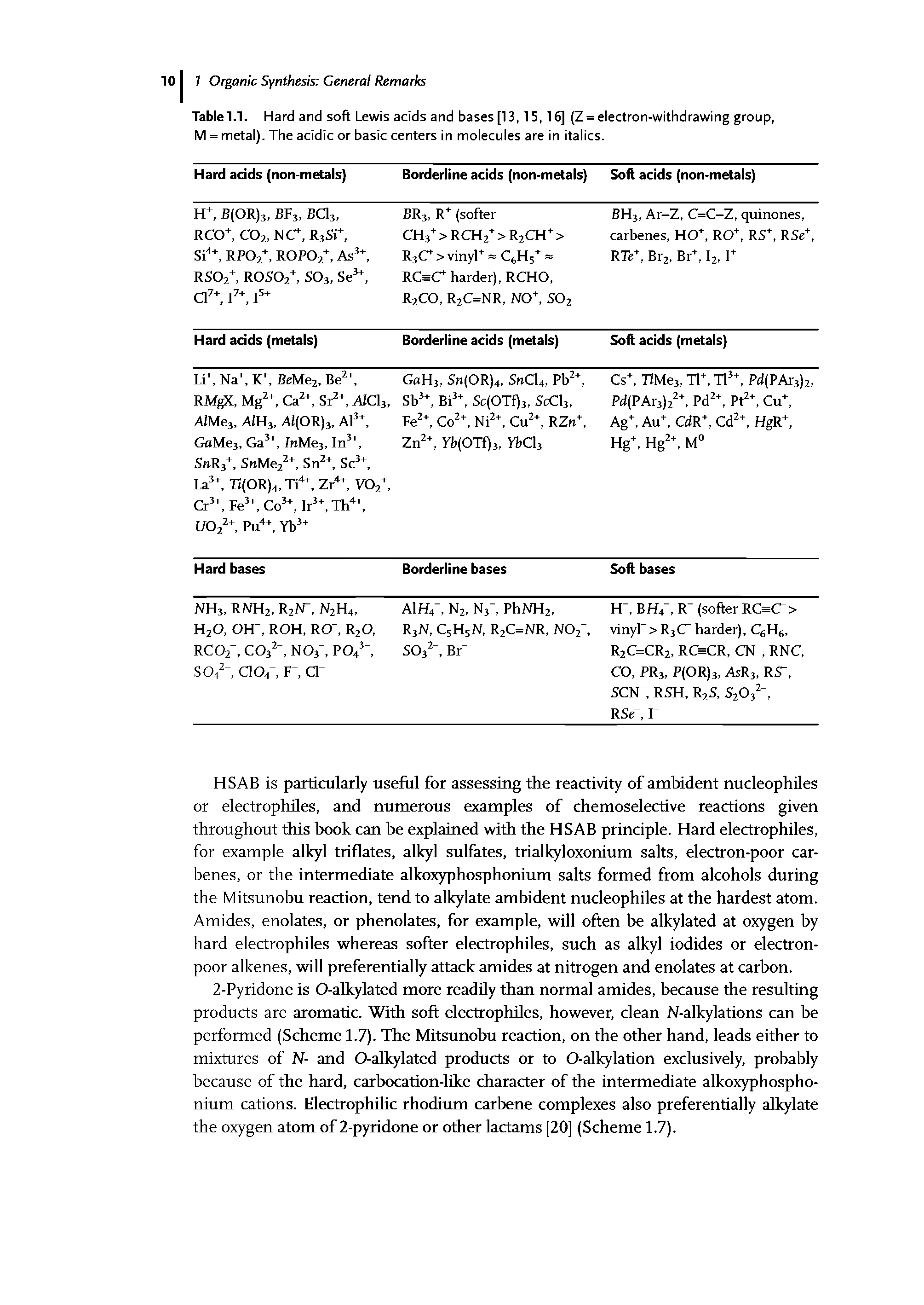 Table 1.1. Hard and soft Lewis acids and bases [13,15,16] (Z = electron-withdrawing group, M = metal). The acidic or basic centers in molecules are in italics.