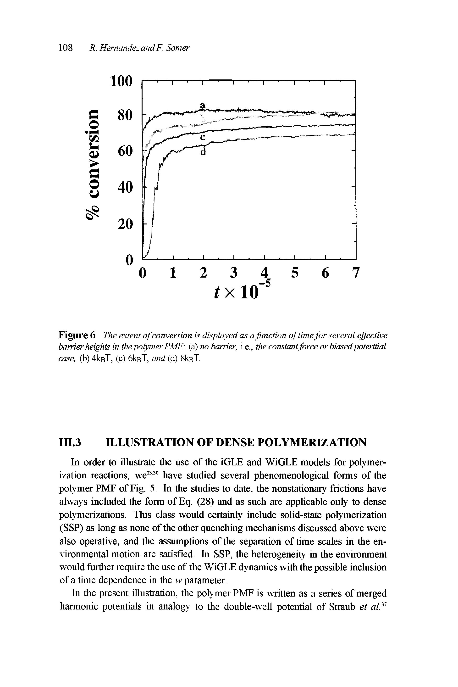 Figure 6 The extent of conversion is displayed as a function of time for several effective barrier heights in the polymer PMF (a) no barrier, i.e., the constant force or biased poterttial case, (b) 4kBT, (c) OkeT, and (d) SkeT.
