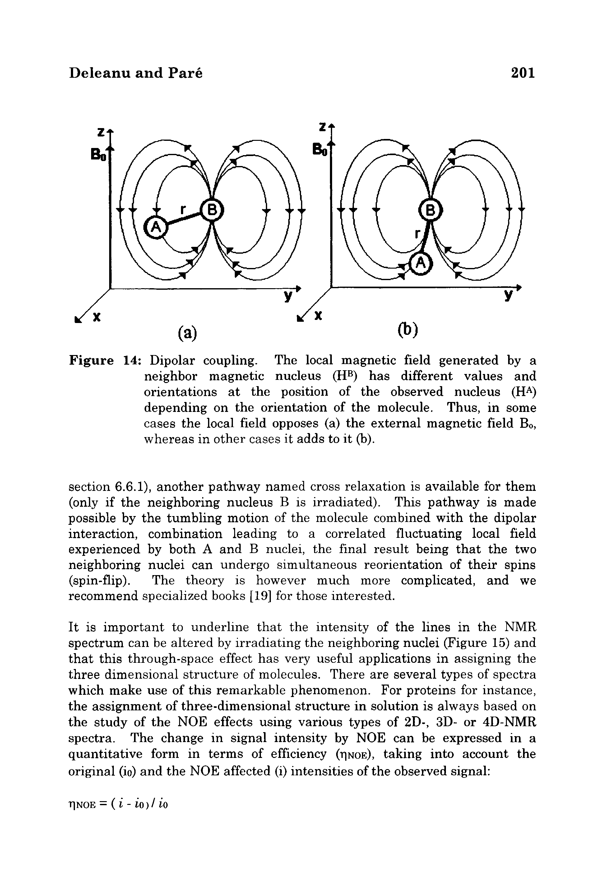 Figure 14 Dipolar coupling. The local magnetic field generated by a neighbor magnetic nucleus (H ) has different values and orientations at the position of the observed nucleus (H ) depending on the orientation of the molecule. Thus, in some cases the local field opposes (a) the external magnetic field Bo, whereas in other cases it adds to it (b).