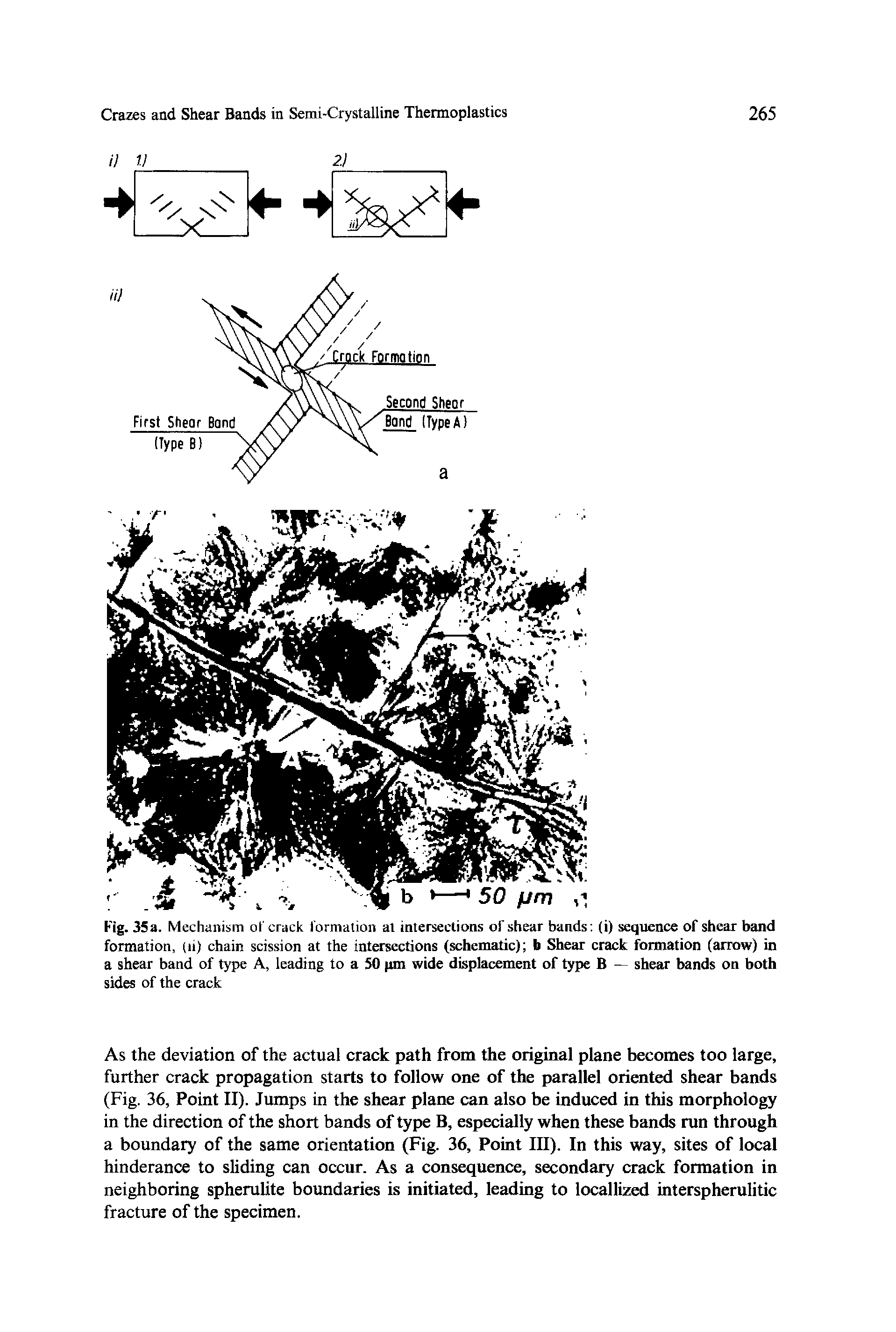 Fig. 35a. Mechanism of crack I ormalion at intersections of shear bands (i) sequence of shear band formation, jii) chain scission at the intersections (schematic) b Shear crack formation (arrow) in a shear band of type A, leading to a 50 pm wide displacement of type B — shear bands on both sides of the crack...