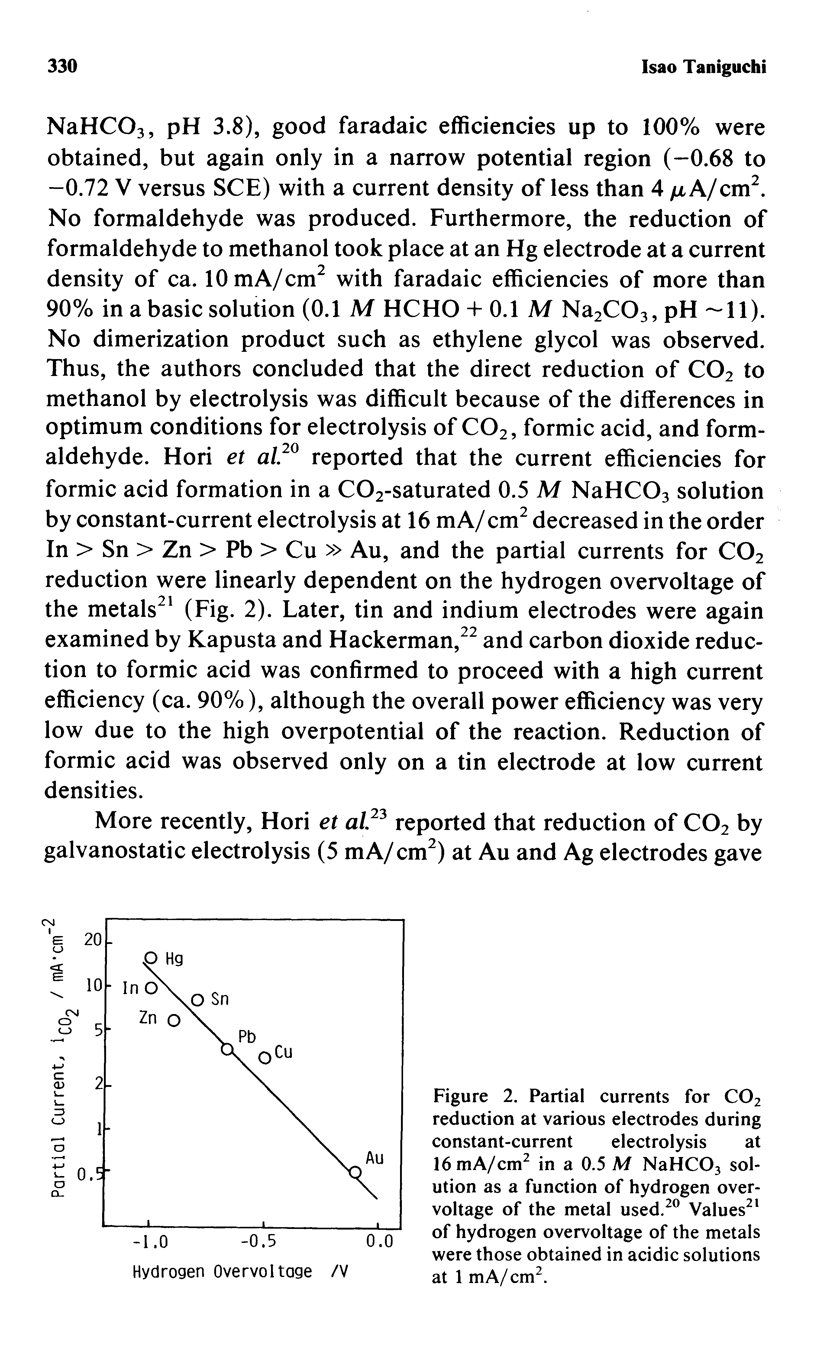 Figure 2. Partial currents for C02 reduction at various electrodes during constant-current electrolysis at 16 mA/cm2 in a 0.5 M NaHC03 solution as a function of hydrogen overvoltage of the metal used.20 Values21 of hydrogen overvoltage of the metals were those obtained in acidic solutions at 1 mA/cm2.