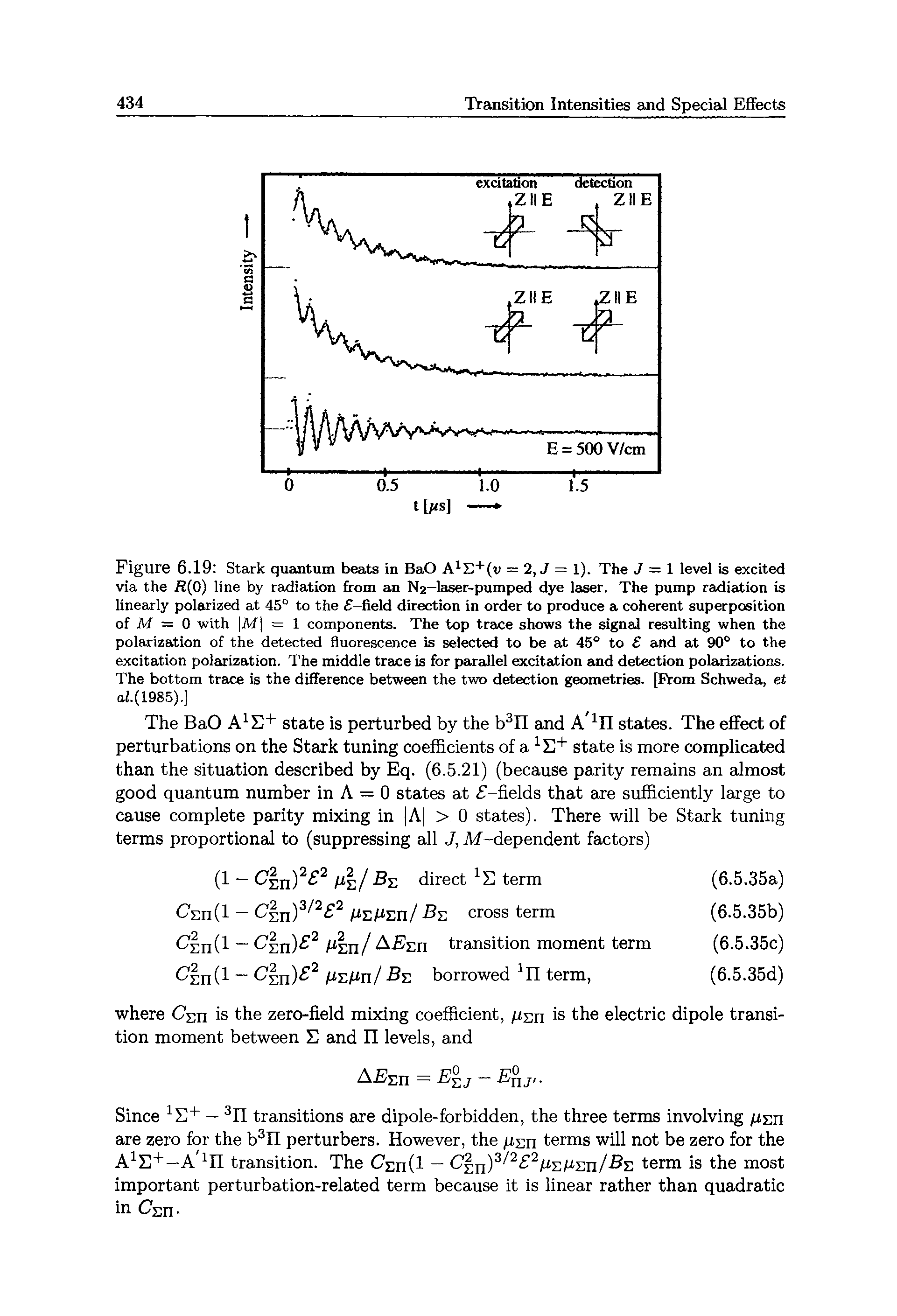 Figure 6.19 Stark quantum beats in BaO A1 +(u = 2, J = 1). The J = 1 level is excited via the R(0) line by radiation from an N2-laser-pumped dye laser. The pump radiation is linearly polarized at 45° to the 5-field direction in order to produce a coherent superposition of At = 0 with M = 1 components. The top trace shows the signal resulting when the polarization of the detected fluorescence is selected to be at 45° to and at 90° to the excitation polarization. The middle trace is for parallel excitation and detection polarizations. The bottom trace is the difference between the two detection geometries. [From Schweda, et ai.(1985).J...