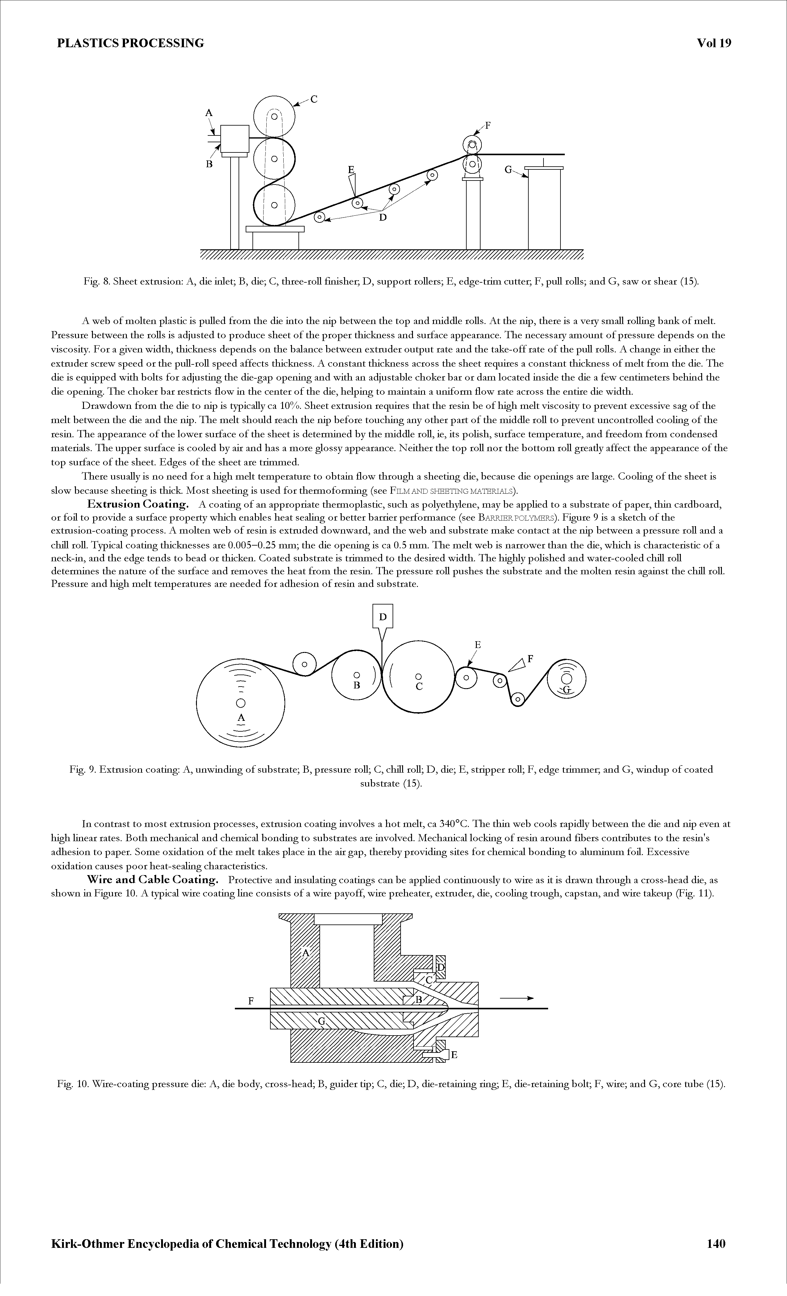 Fig. 9. Extmsion coating A, unwinding of substrate B, pressure roU C, chill roU D, die E, stripper roU F, edge trimmer and G, windup of coated...