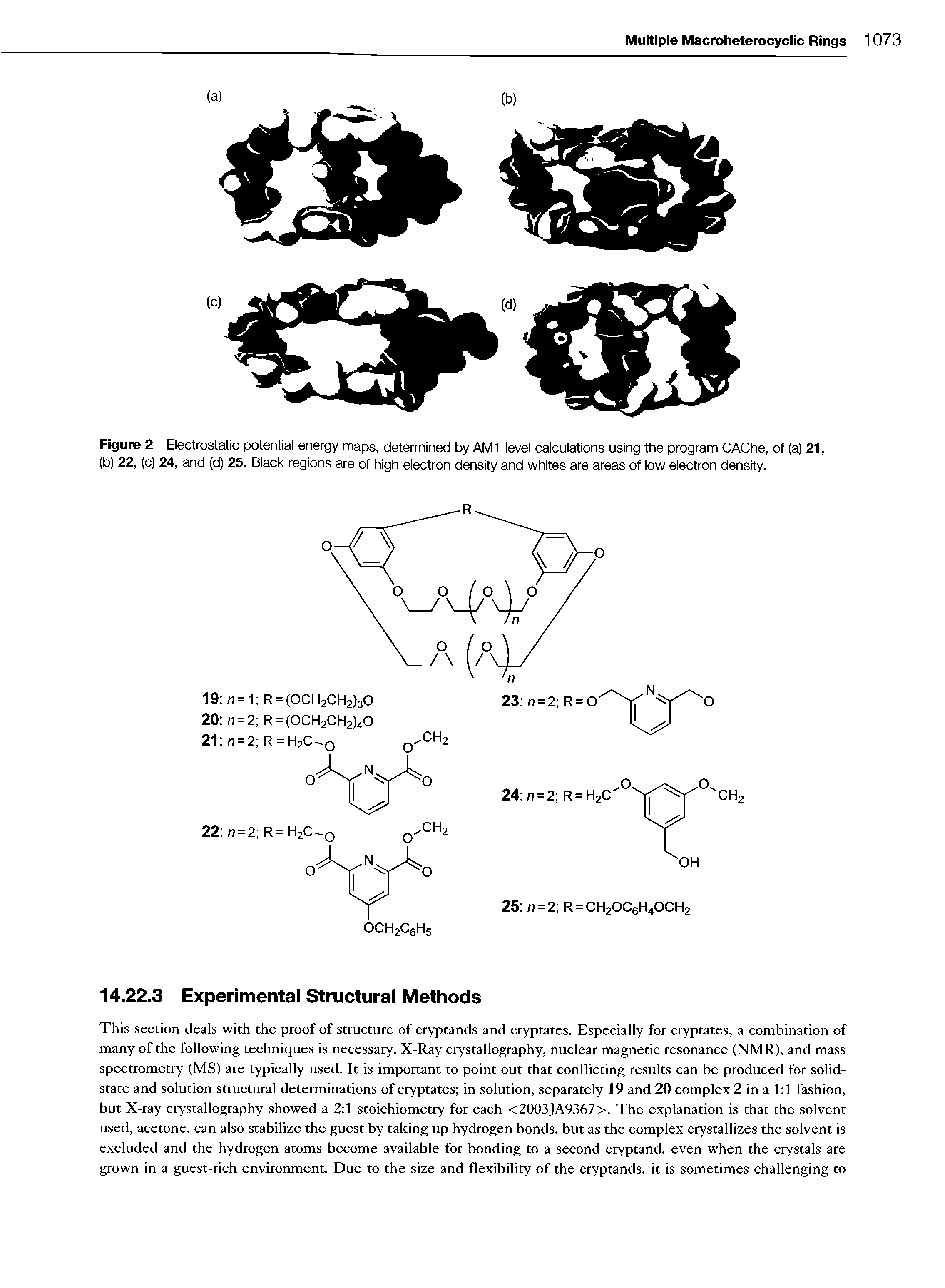 Figure 2 Electrostatic potential energy maps, determined by AMI level calculations using the program CAChe, of (a) 21, (b) 22, (c) 24, and (d) 25. Black regions are of high electron density and whites are areas of low electron density.