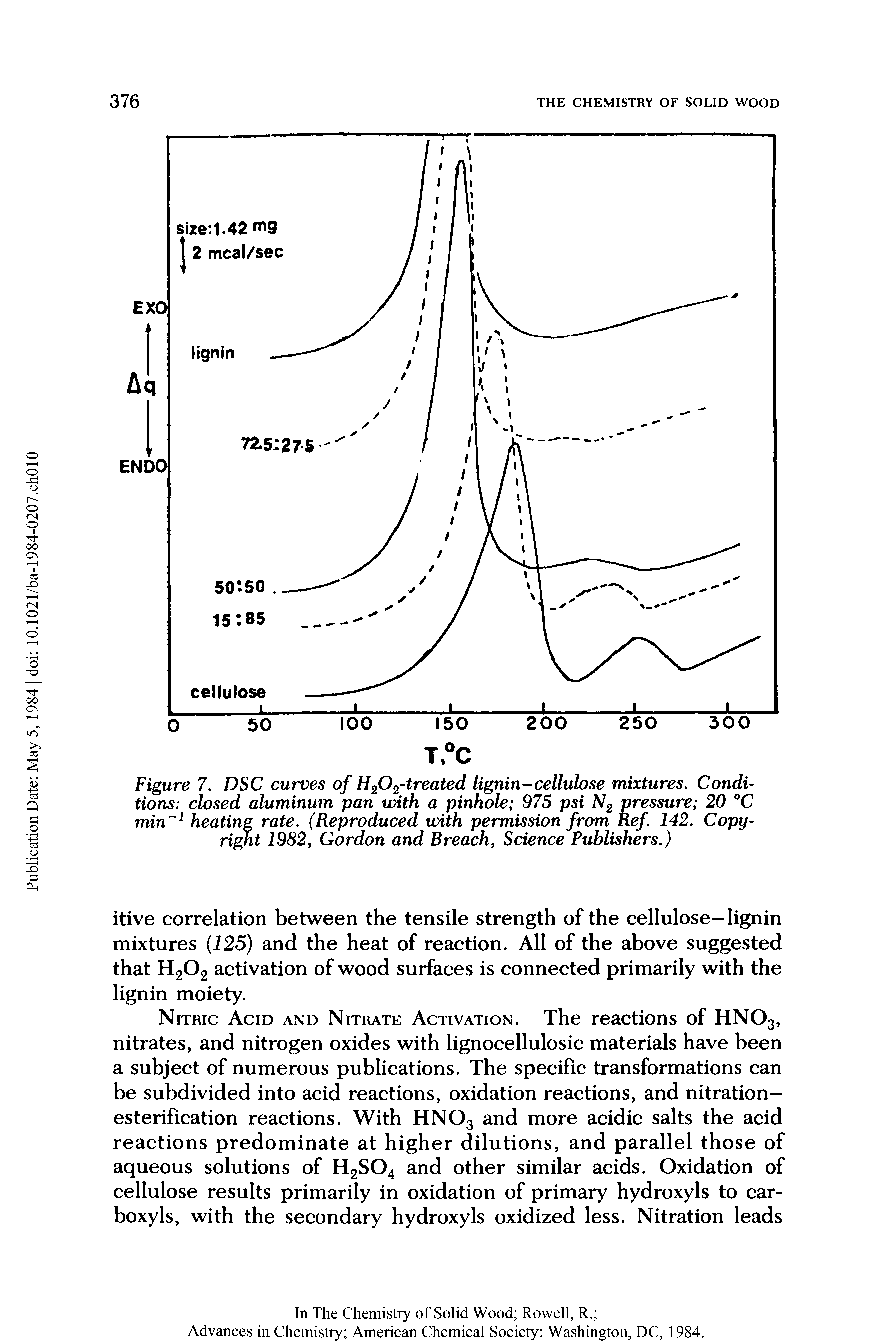 Figure 7. DSC curves of H202 treated lignin-cellulose mixtures. Conditions closed aluminum pan with a pinhole 975 psi N2 pressure 20 °C min heating rate. (Reproduced with permission from Ref 142. Copy-right 1982y Gordon and Breach Science Publishers.)...