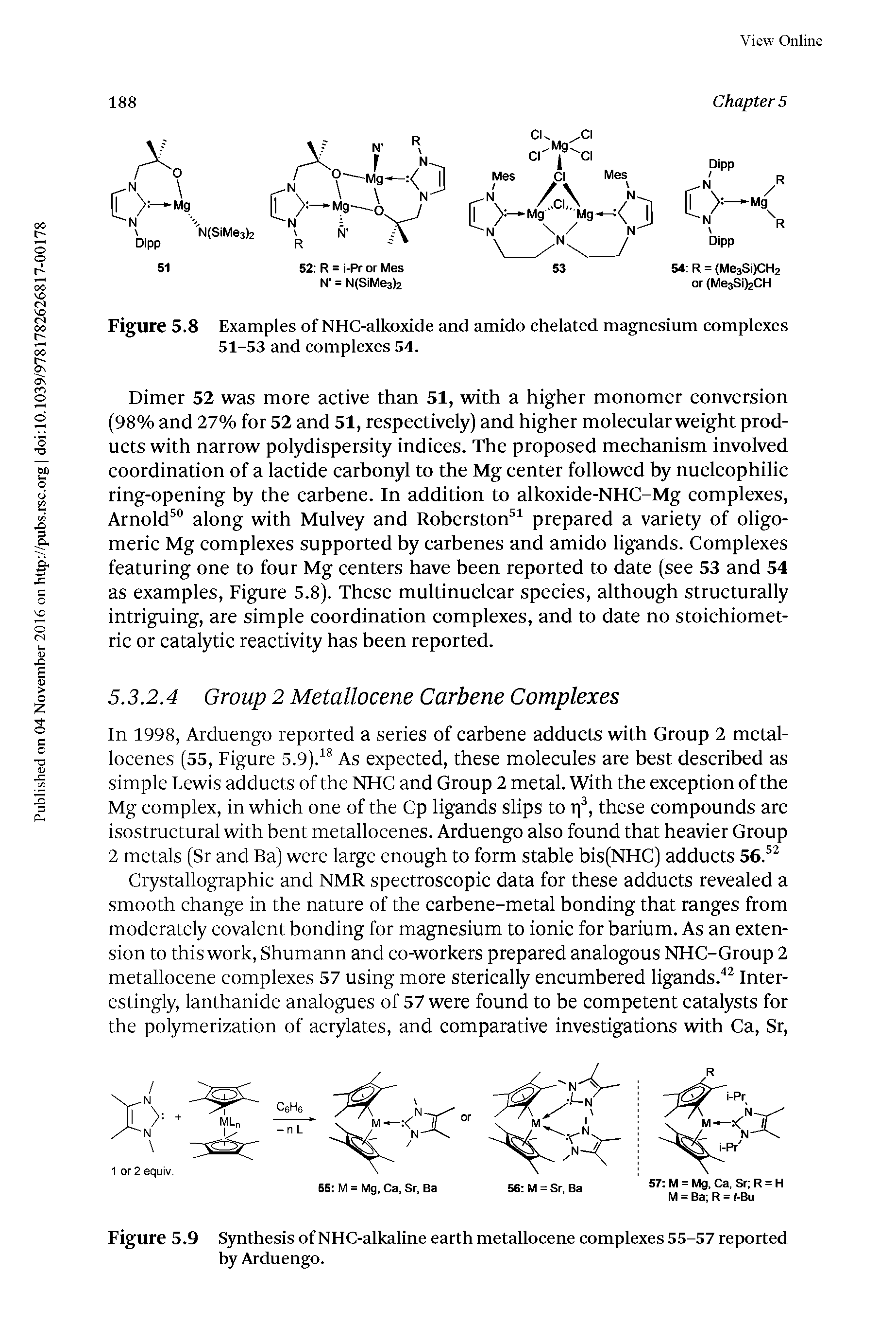 Figure 5.9 Synthesis of NHC-alkaline earth metallocene complexes 55-57 reported by Arduengo.