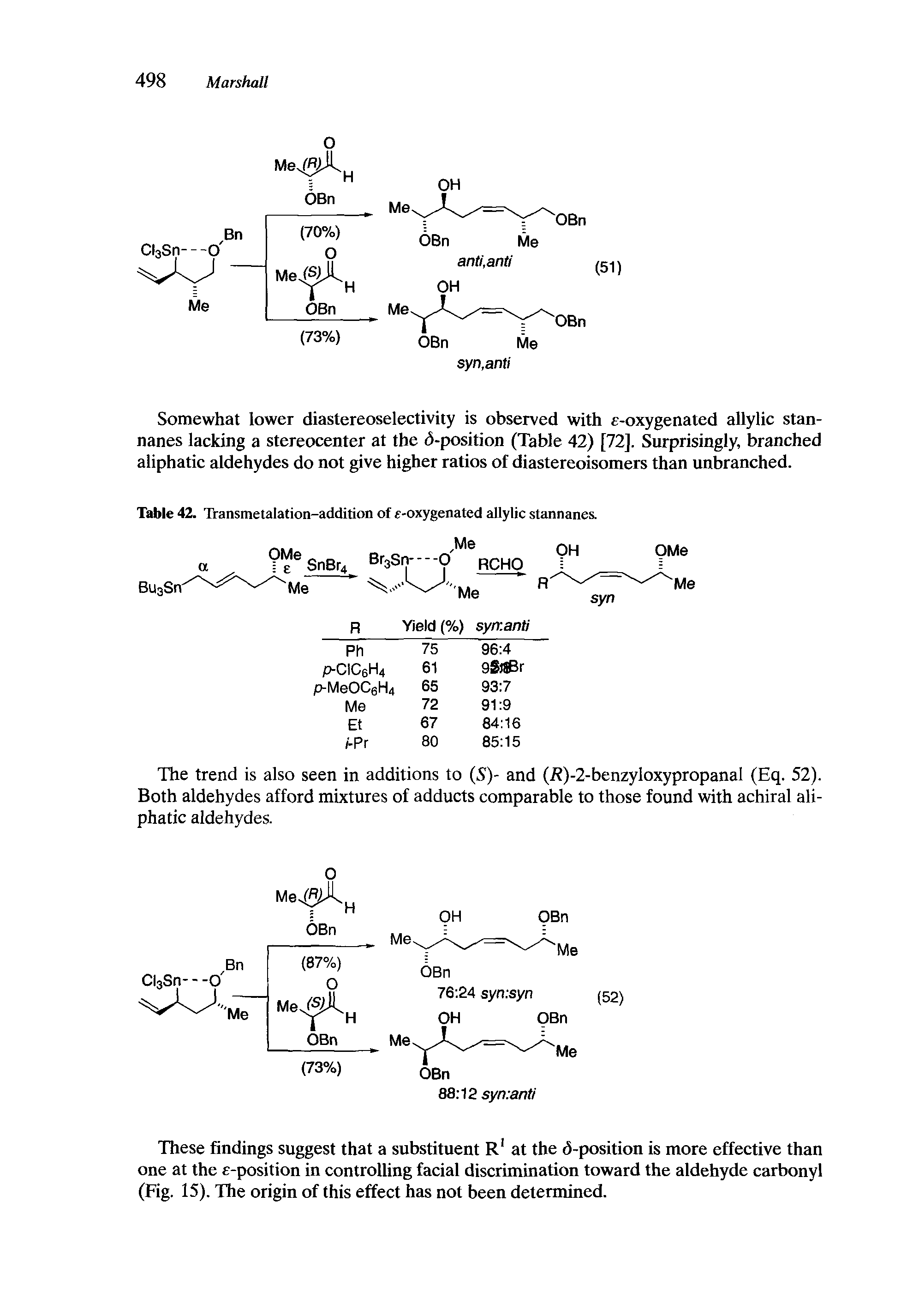 Table 42. Transmetalation-addition of e-oxygenated allylic stannanes.