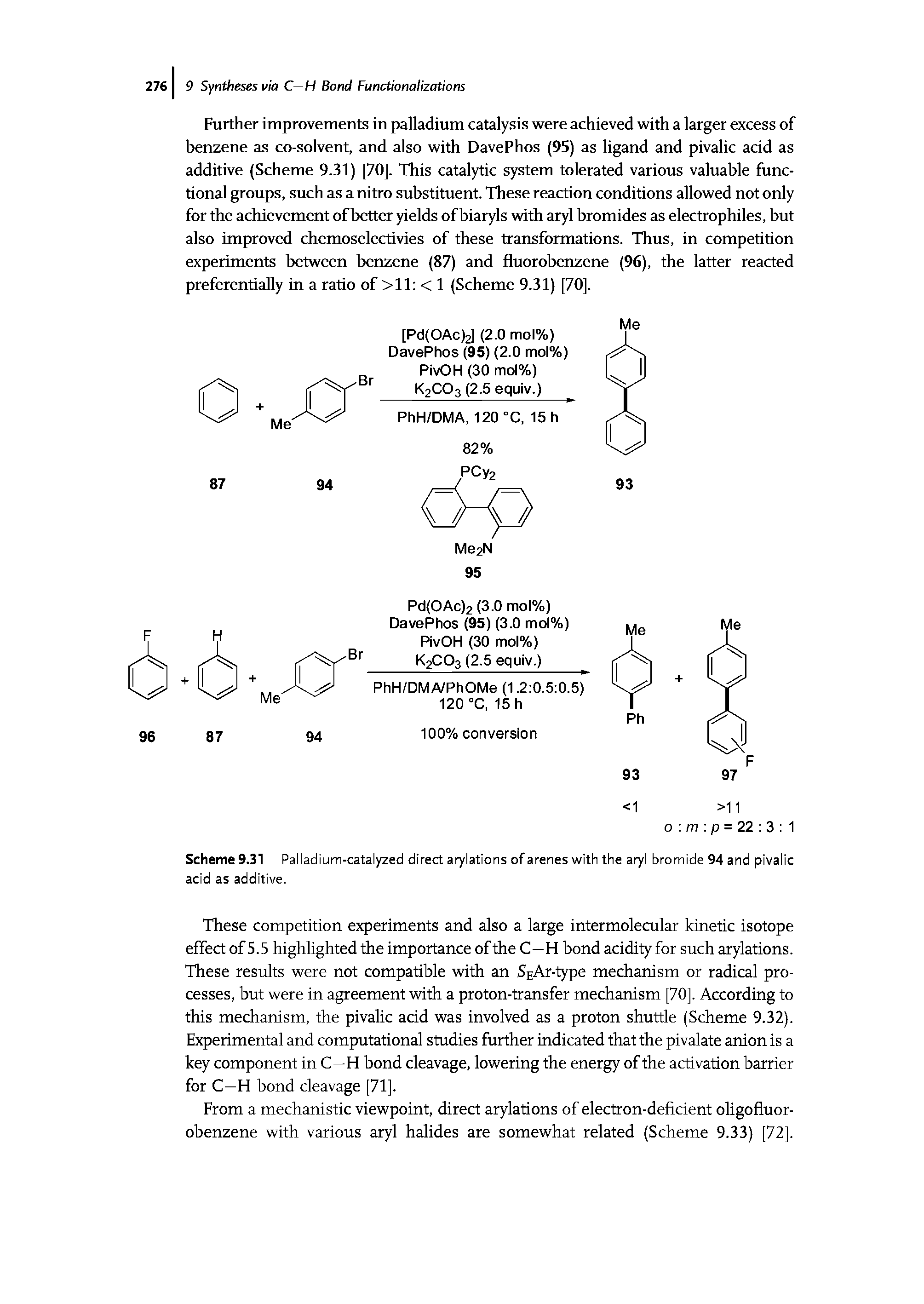 Scheme 9.31 Palladium-catalyzed direct arylations of arenes with the aryl bromide 94 and pivalic acid as additive.