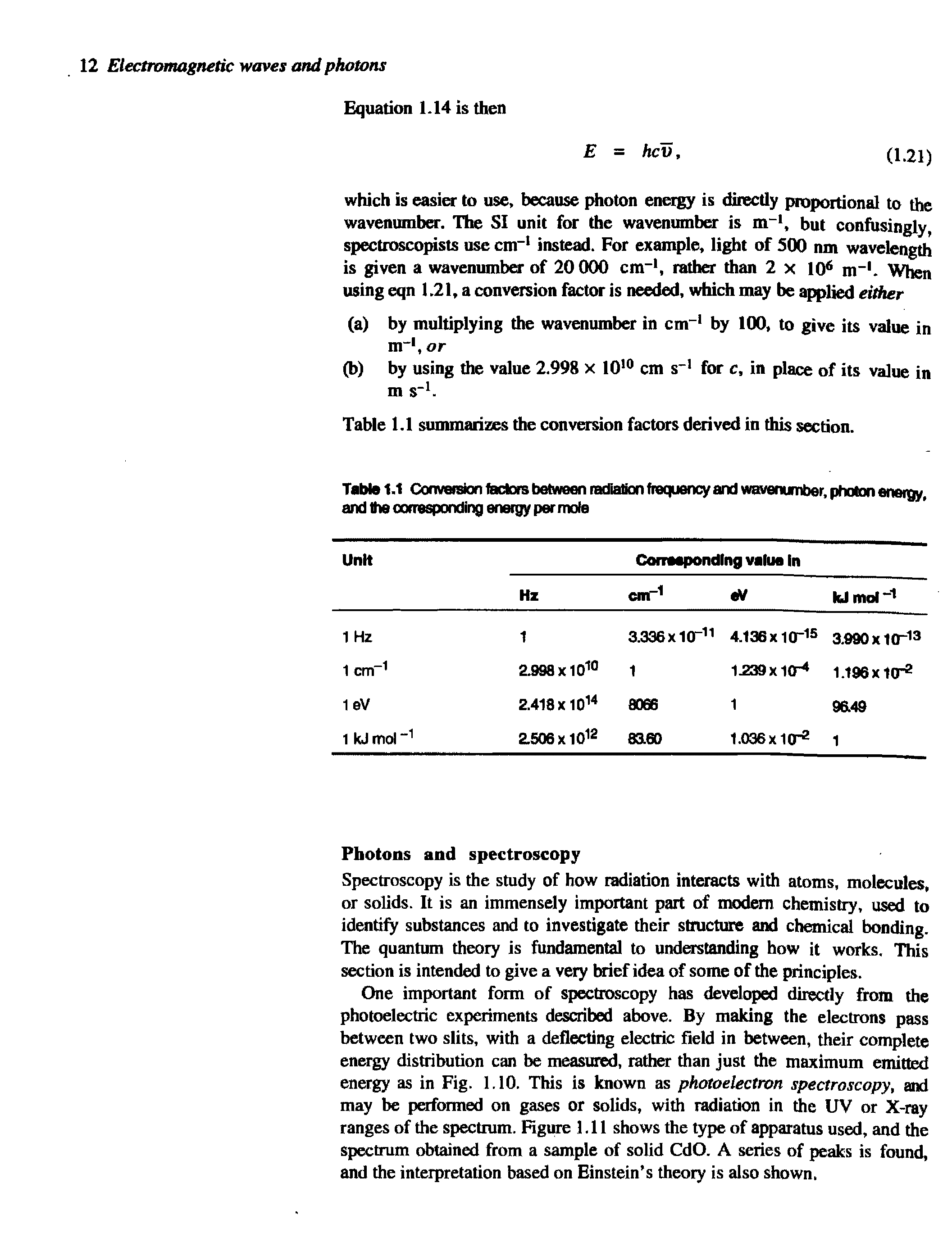 Table 1.1 Conversion factors between radiation frequency and wavenumber, photon energy, and the corresponding energy per moie...