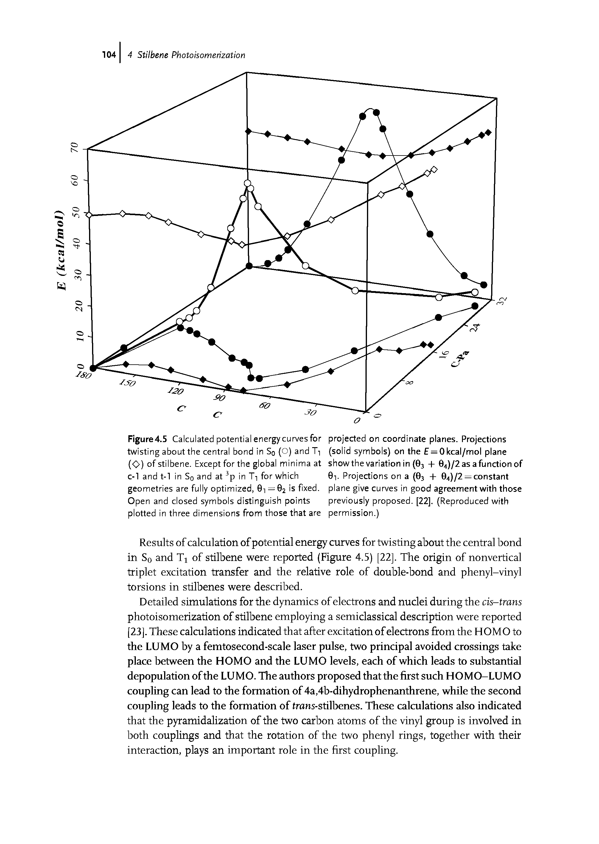 Figure4.5 Calculated potential energy curves for twisting about the central bond in So (O) and Ti (O) of stilbene. Except for the global minima at c-1 and t-1 in So and at in Ti for which geometries are fully optimized, 0i = 02 is fxed. Open and closed symbols distinguish points plotted in three dimensions from those that are...