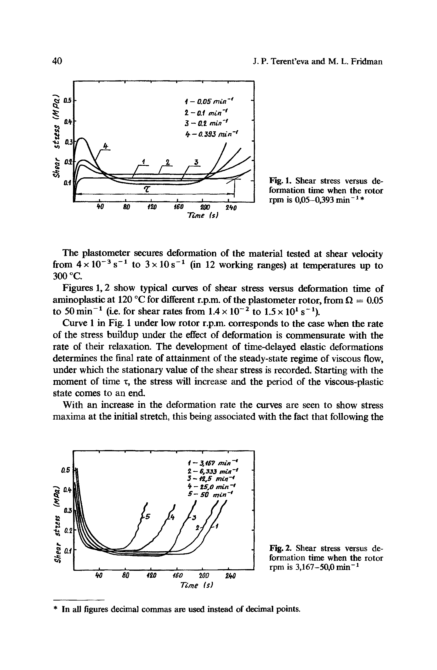Figures 1,2 show typical curves of shear stress versus deformation time of aminoplastic at 120 °C for different r.p.m. of the plastometer rotor, from 2 = 0.05 to 50 min (i.e. for shear rates from 1.4 x 10 to 1.5 x 10 s ).