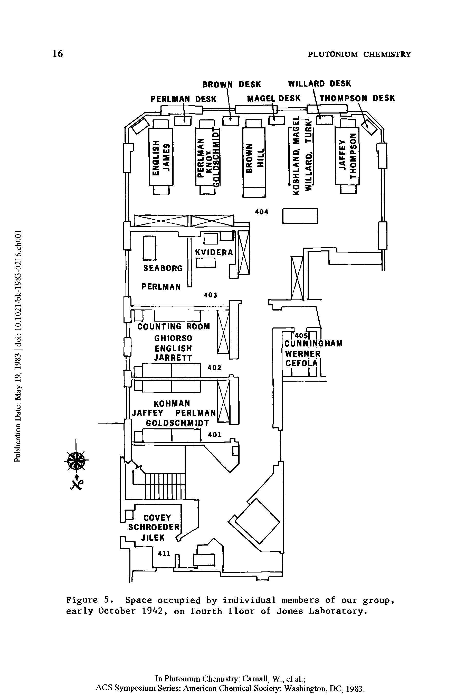 Figure 5. Space occupied by individual members of our group, early October 1942, on fourth floor of Jones Laboratory.