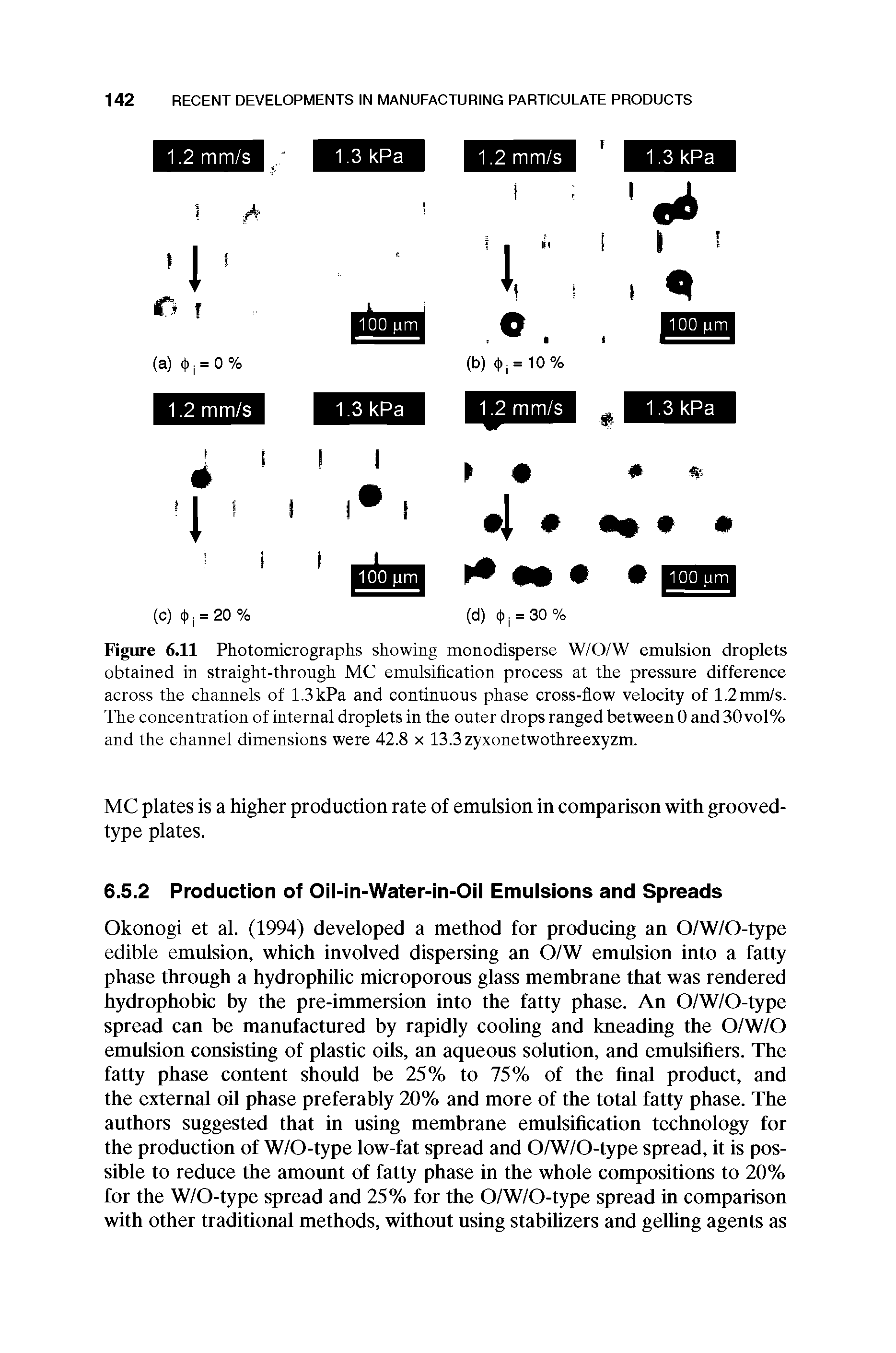 Figure 6.11 Photomicrographs showing monodisperse W/O/W emulsion droplets obtained in straight-through MC emulsification process at the pressure difference across the channels of 1.3 kPa and continuous phase cross-flow velocity of 1.2 mm/s. The concentration of internal droplets in the outer drops ranged between 0 and 30 vol% and the channel dimensions were 42.8 x 13.3zyxonetwothreexyzm.