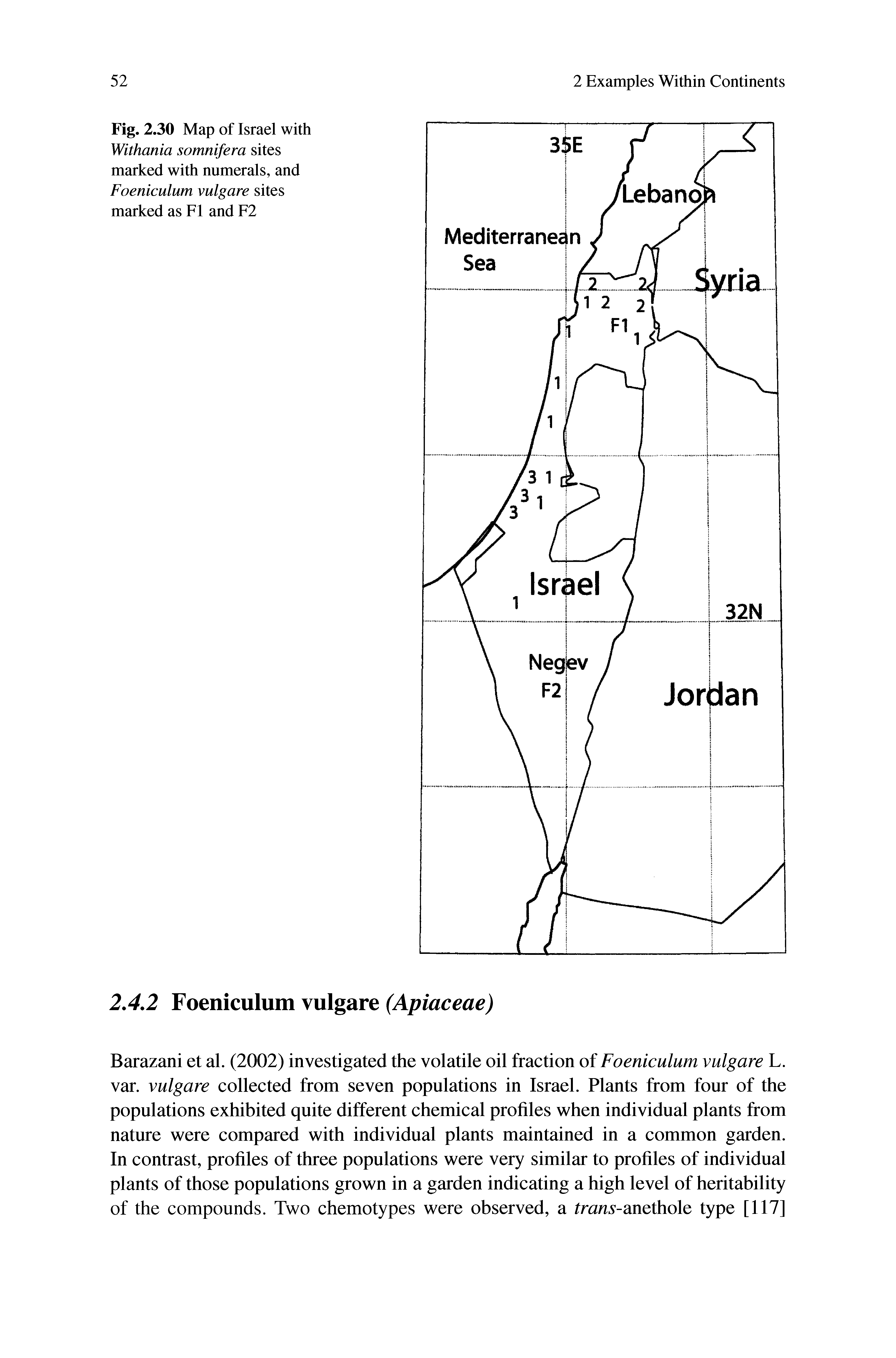 Fig. 2.30 Map of Israel with Withania somnifera sites marked with numerals, and Foeniculum vulgare sites marked as FI and F2...