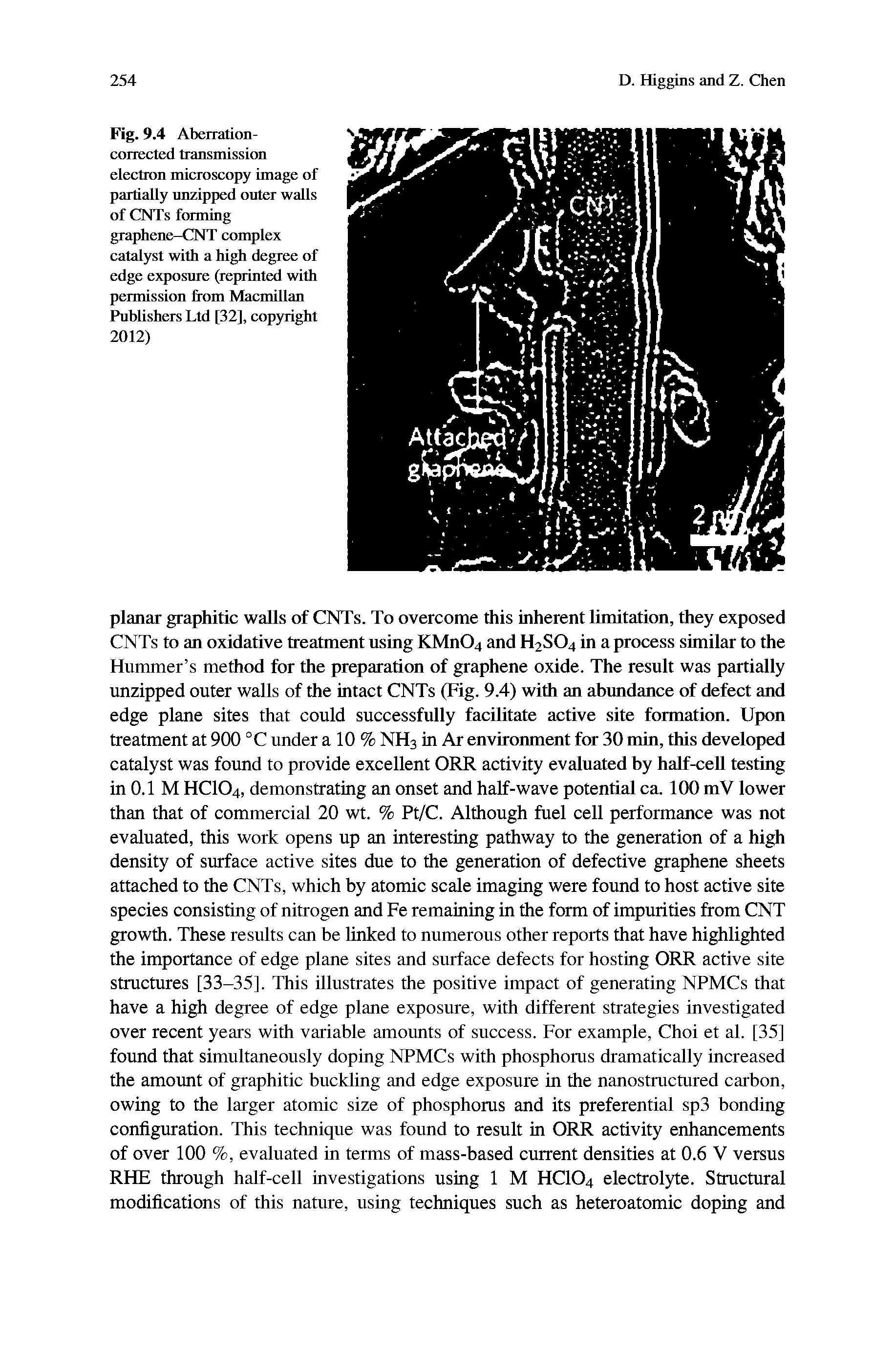 Fig. 9.4 Aberration-corrected transmission electron microscopy image of partially unzipped outer walls of CNTs forming graphene-CNT complex catalyst with a high degree of edge exposure (reprinted with permission from Macmillan Publishers Ltd [32], copyright 2012)...