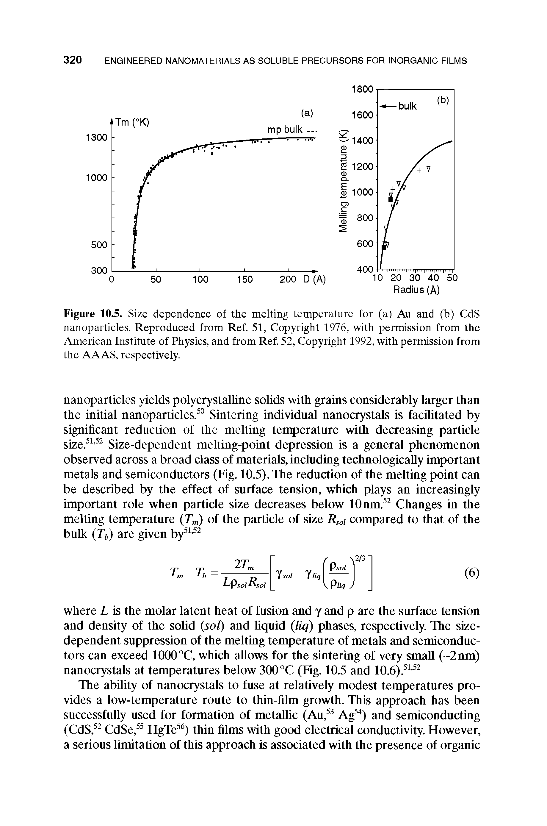 Figure 10.5. Size dependence of the melting temperature for (a) Au and (b) CdS nanoparticles. Reproduced from Ref. 51, Copyright 1976, with permission from the American Institute of Physics, and from Ref. 52, Copyright 1992, with permission from the AAAS, respectively.