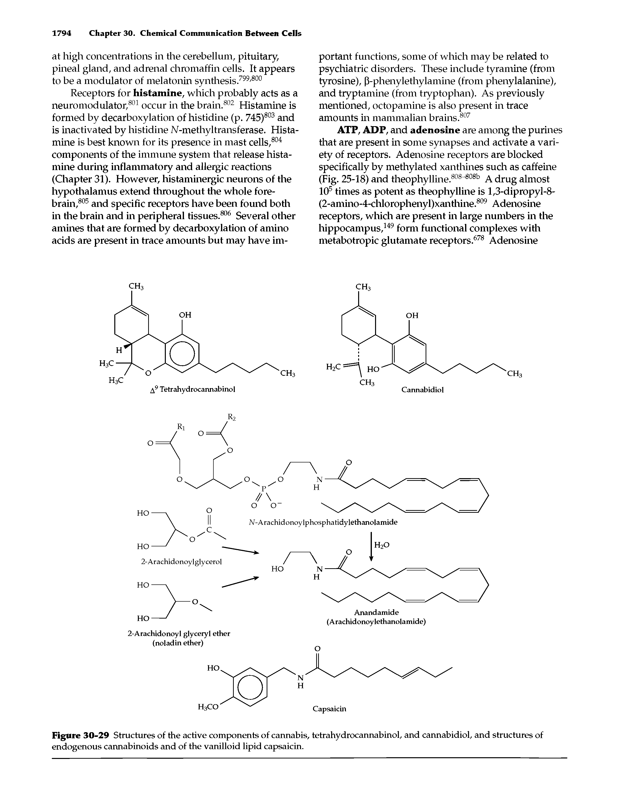 Figure 30-29 Structures of the active components of cannabis, tetrahydrocannabinol, and cannabidiol, and structures of endogenous cannabinoids and of the vanilloid lipid capsaicin.