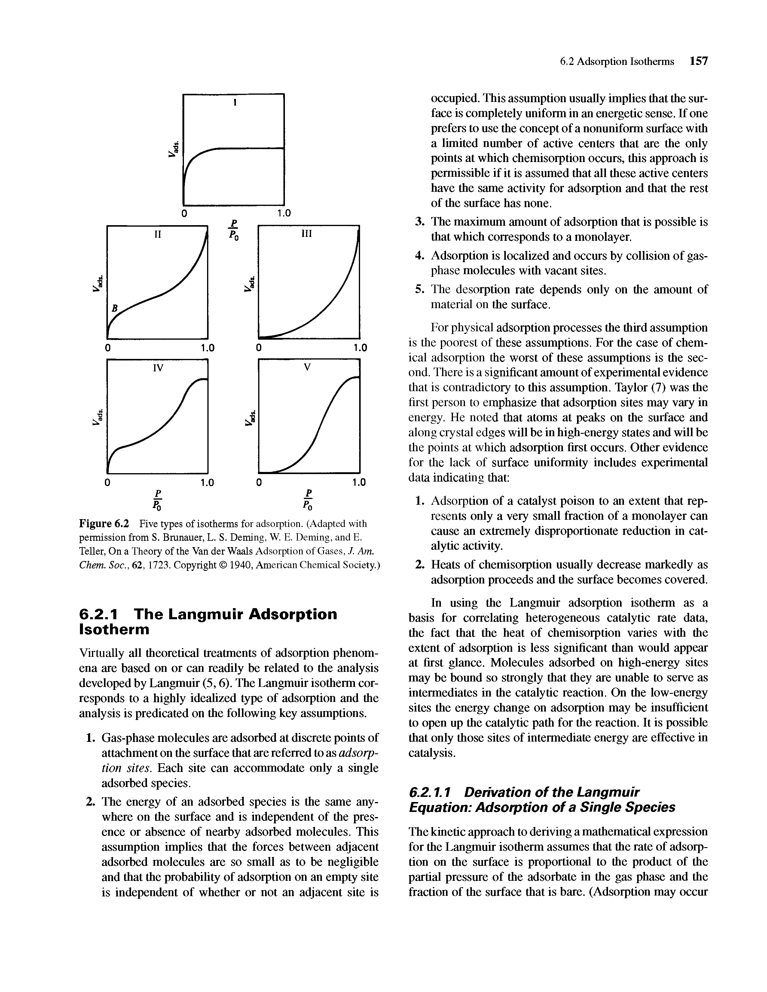 Figure 6.2 Five types of isotherms for adsorption. (Adapted with permission from S. Brunauer, L. S. Deming, W. E. Denting, and E. Teller, On a Theory of the Van der Waals Adsorption of Gases, J. Am. Chem. Soc., 62, 1723. Copyright 1940, American Chemical Society.)...