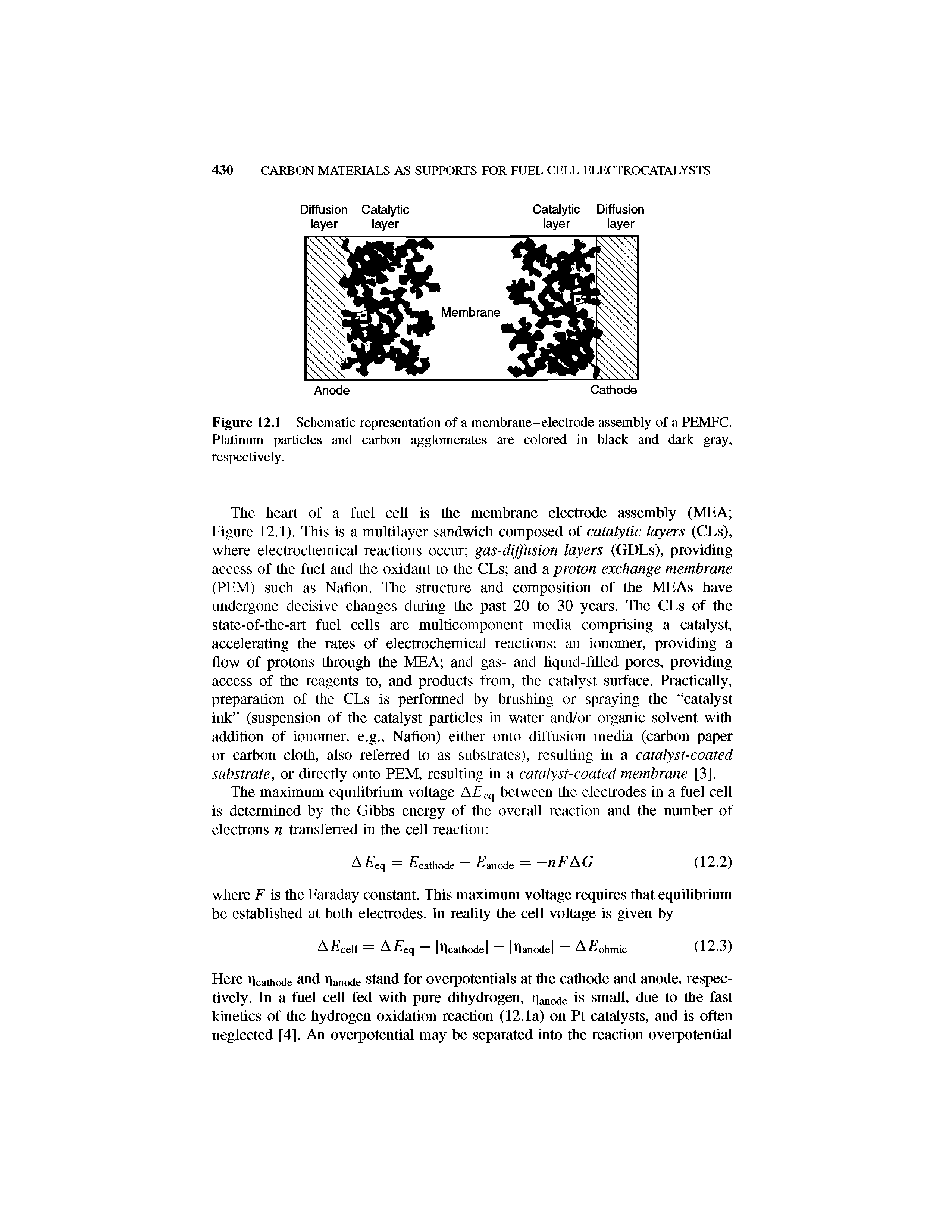 Figure 12.1 Schematic representation of a membrane-electrode assembly of a PEMFC. Platinnm particles and carbon agglomerates are colored in black and dark gray, respectively.