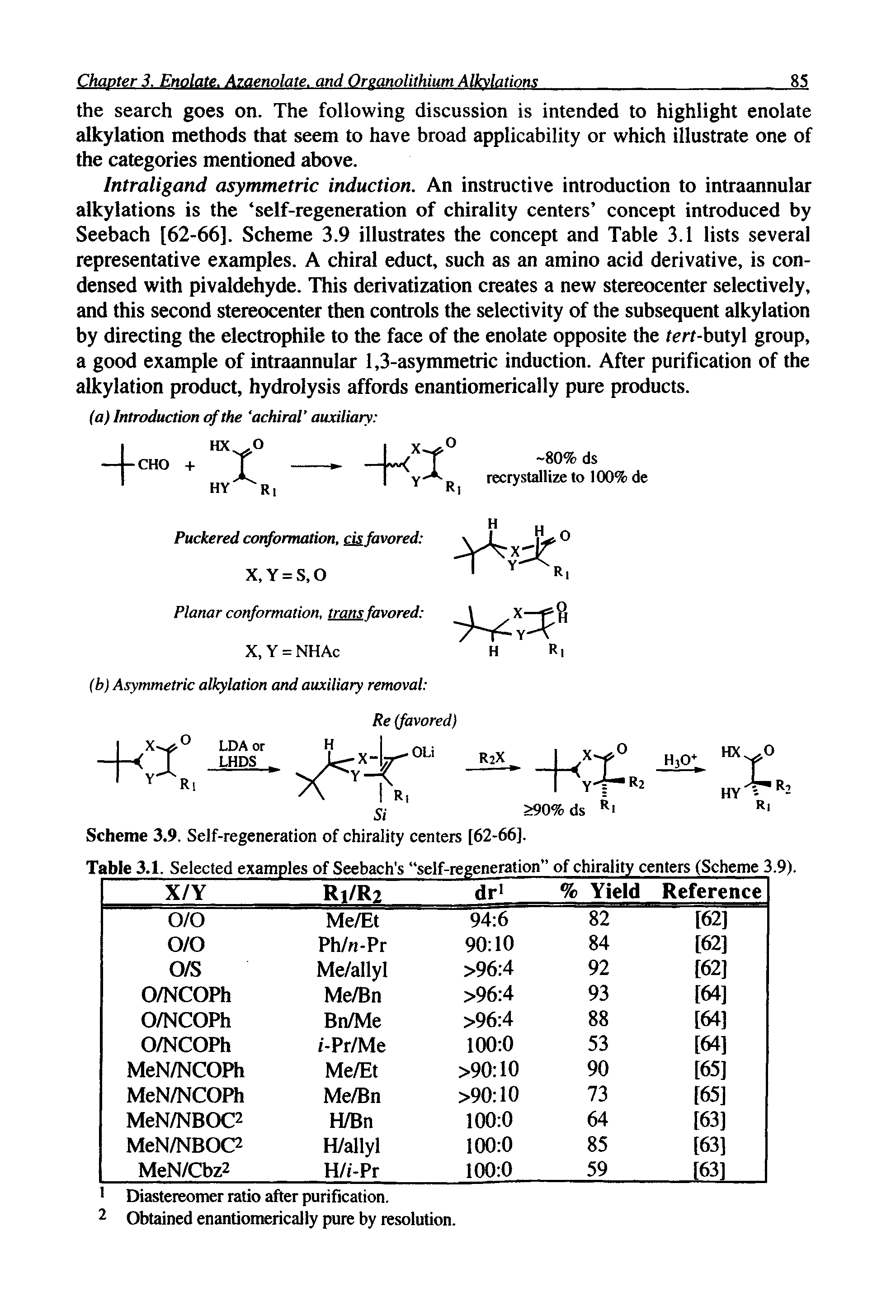 Table 3.1. Selected examples of Seebach s self-regeneration of chirality centers (Scheme 3.9)...