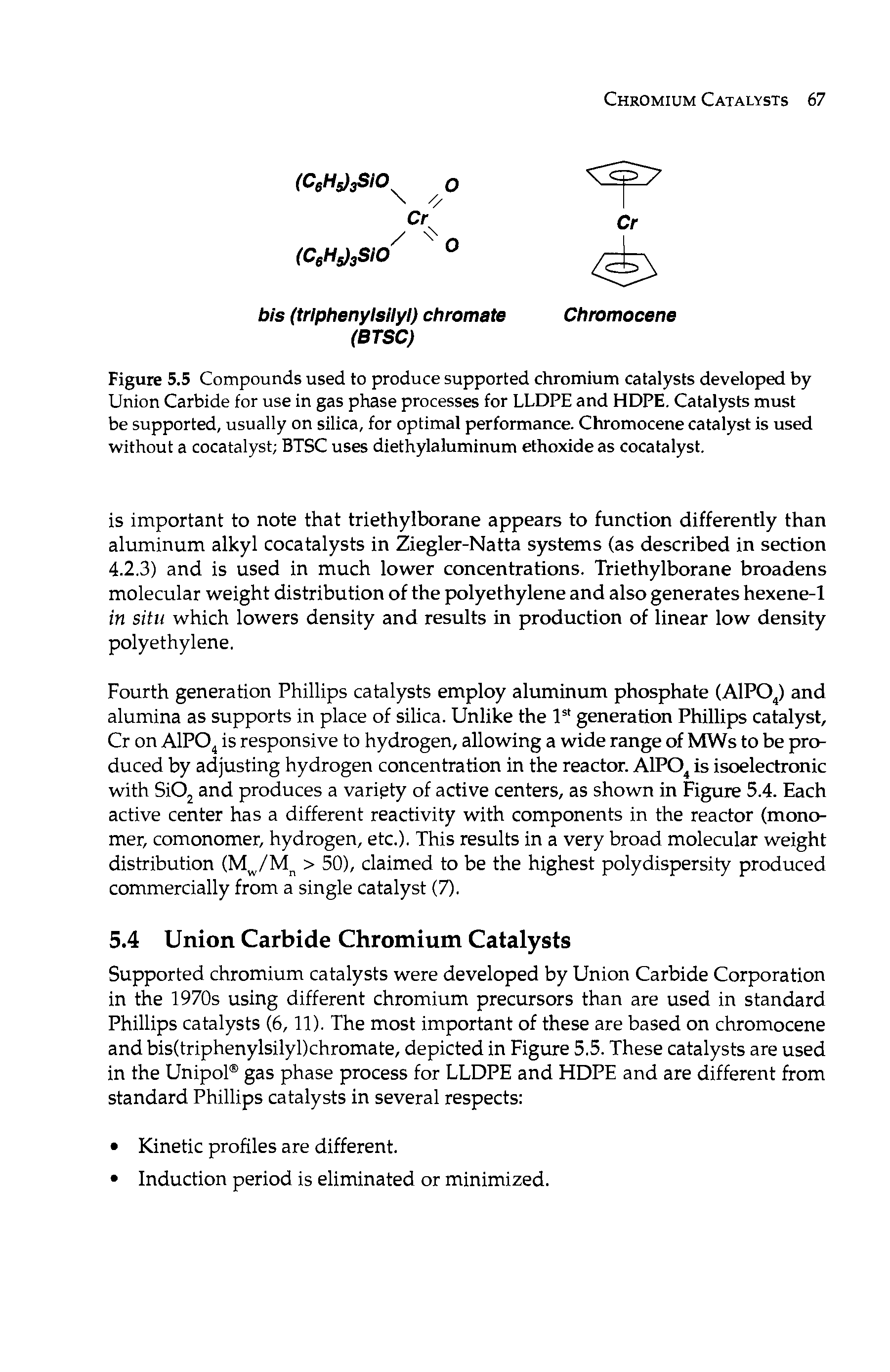 Figure 5.5 Compounds used to produce supported chromium catalysts developed by Union Carbide for use in gas phase processes for LLDPE and HOPE. Catalysts must be supported, usually on silica, for optimal performance. Chromocene catalyst is used without a cocatalyst BTSC uses diethylaluminum ethoxide as cocatalyst.