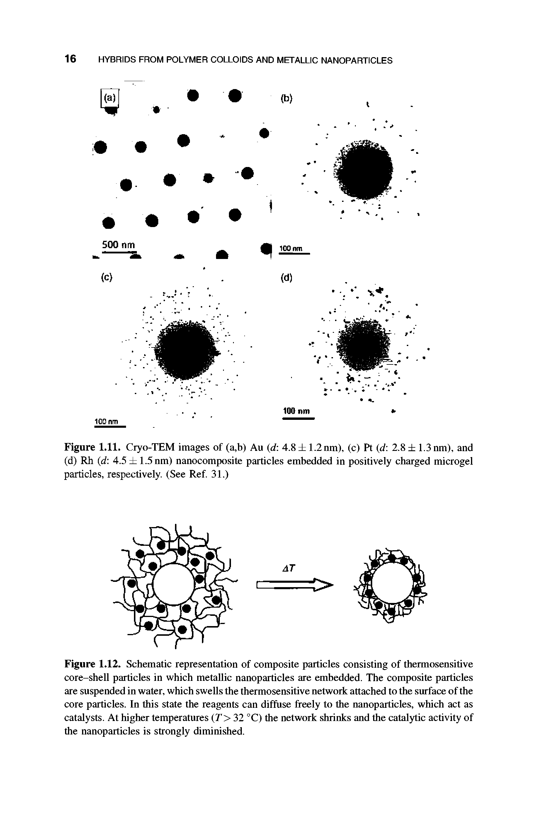 Figure 1.12. Schematic representation of composite particles consisting of thermosensitive core-shell particles in which metallic nanoparticles are embedded. The composite particles are suspended in water, which swells the thermosensitive network attached to the surface of the core particles. In this state the reagents can diffuse freely to the nanoparticles, which act as catalysts. At higher temperatures (T> 32 °C) the network shrinks and the catalytic activity of the nanoparticles is strongly diminished.