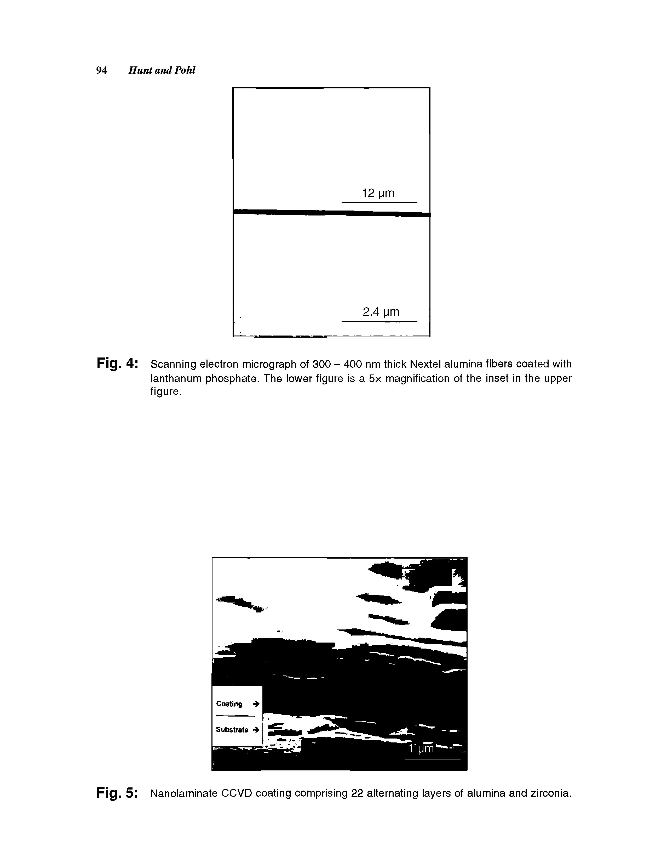 Fig. 4 Scanning electron micrograph of 300 - 400 nm thick Nextel alumina fibers coated with lanthanum phosphate. The lower figure is a 5x magnification of the inset in the upper figure.