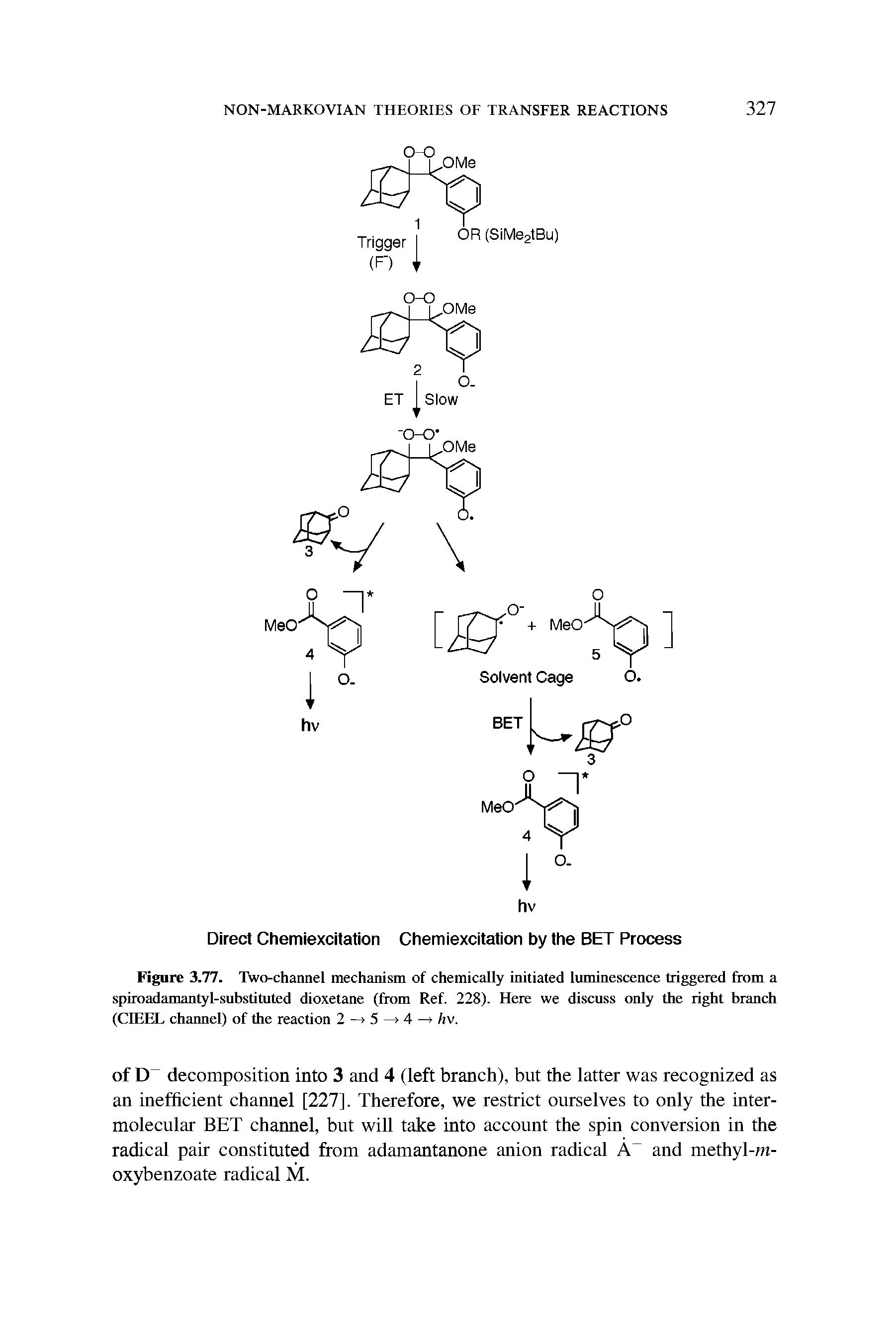Figure 3.77. Two-channel mechanism of chemically initiated luminescence triggered from a spiroadamantyl-substituted dioxetane (from Ref. 228). Here we discuss only the right branch (CIEEL channel) of the reaction 2 - 5 - 4 hv.