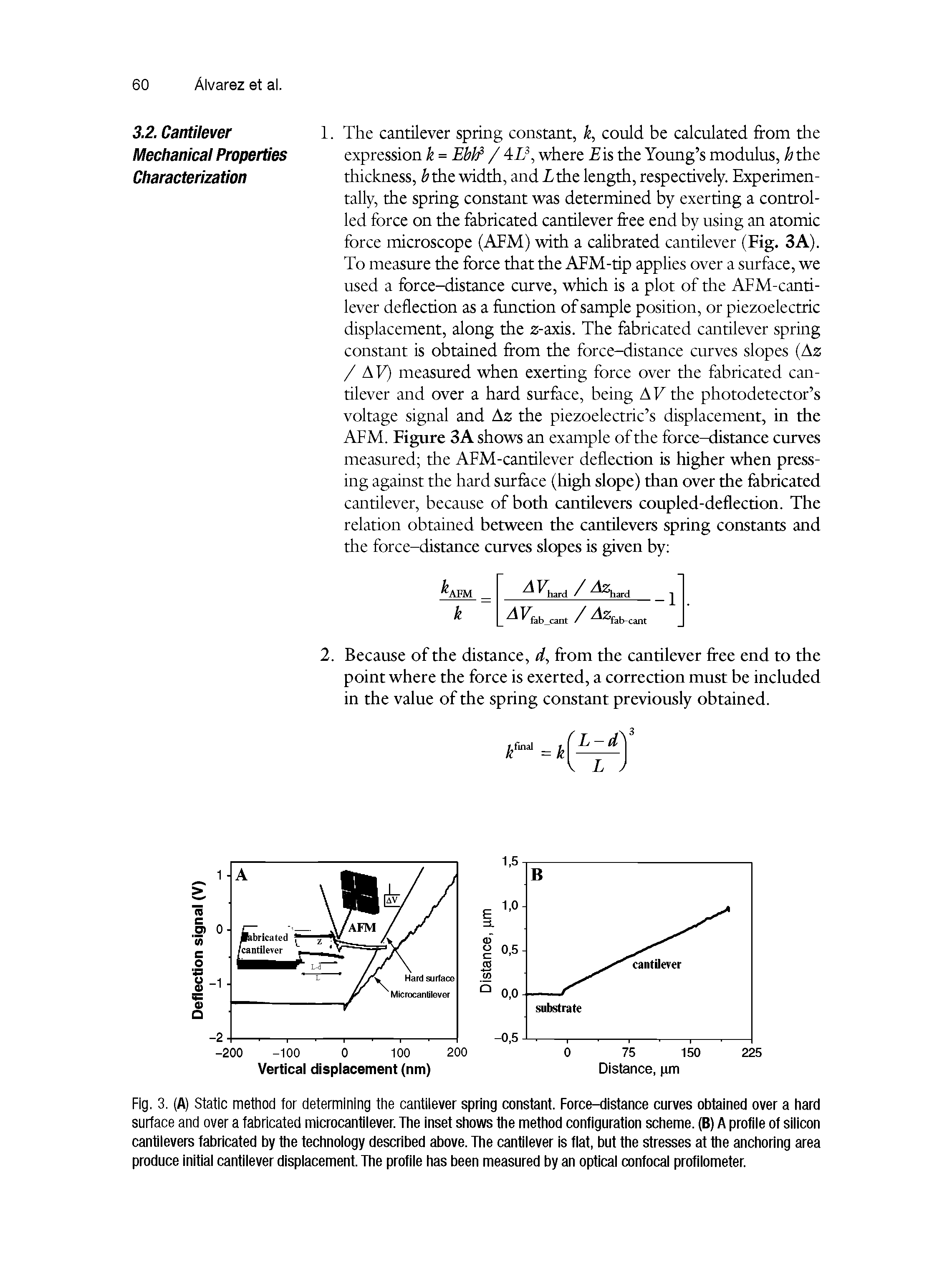 Fig. 3. (A) Static method for determining the cantilever spring constant. Force-distance curves obtained over a hard surface and over a fabricated microcantilever. The inset shows the method configuration scheme. (B) A profile of silicon cantilevers fabricated by the technology described above. The cantilever is flat, but the stresses at the anchoring area produce initial cantilever displacement. The profile has been measured by an optical confocal profilometer.