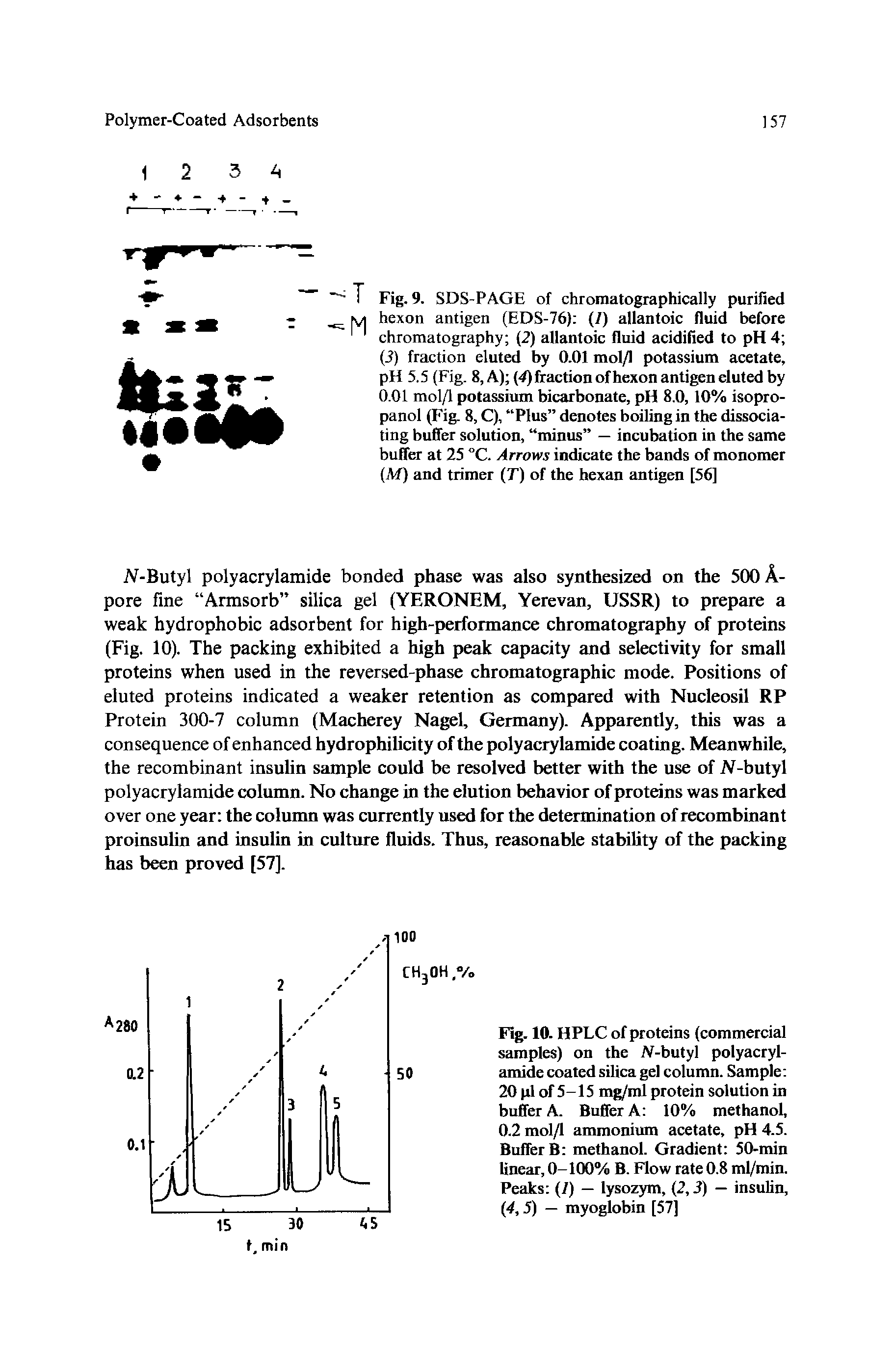 Fig. 10. HPLC of proteins (commercial samples) on the /V-butyl polyacrylamide coated silica gel column. Sample 20 pi of 5-15 mg/ml protein solution in buffer A. Buffer A 10% methanol, 0.2 mol/1 ammonium acetate, pH 4.5. Buffer B methanol. Gradient 50-min linear, 0-100% B. Flow rate 0.8 ml/min. Peaks (/) — lysozym, (2,3) — insulin, (4,5) — myoglobin [57]...