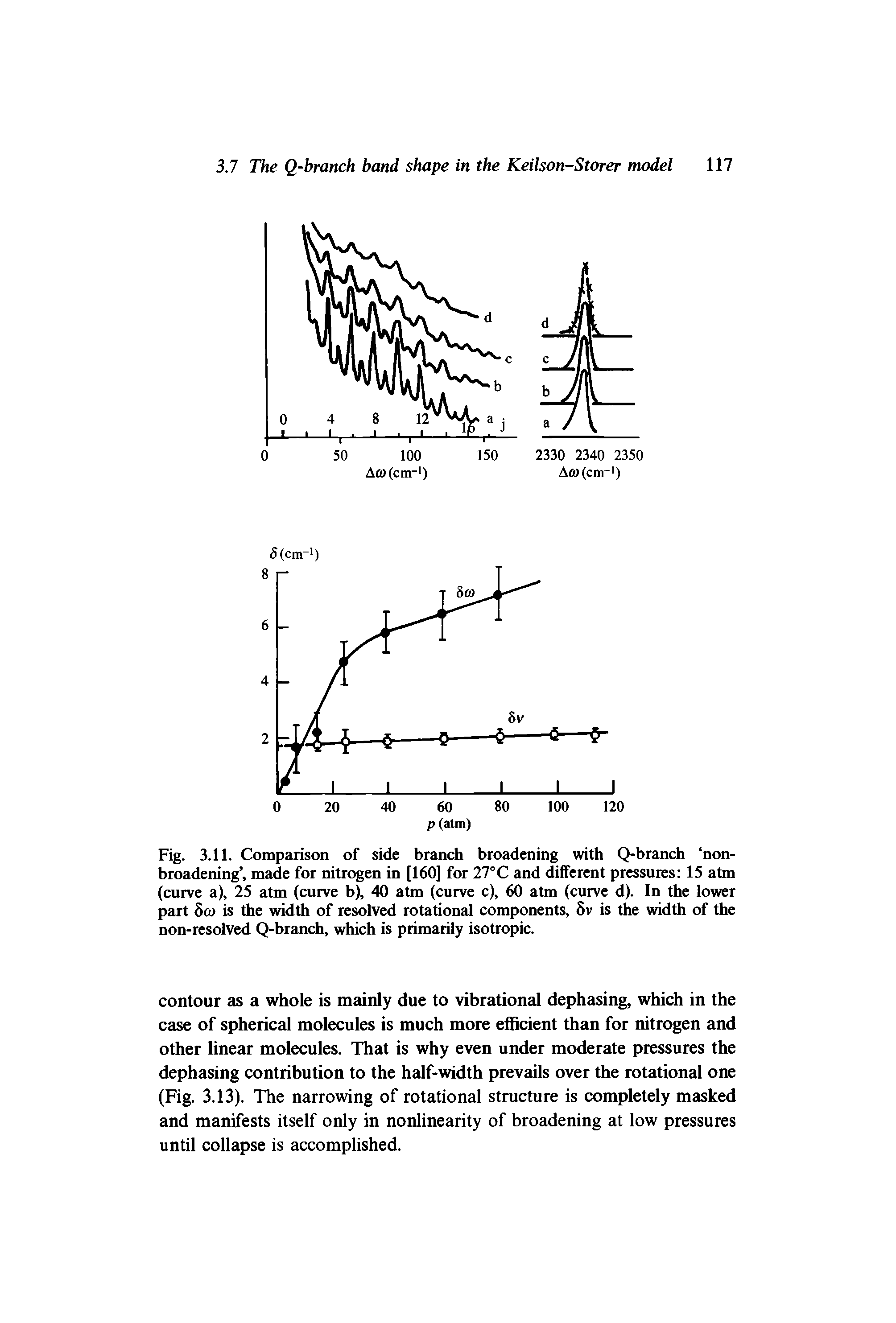 Fig. 3.11. Comparison of side branch broadening with Q-branch nonbroadening , made for nitrogen in [160] for 27°C and different pressures 15 atm (curve a), 25 atm (curve b), 40 atm (curve c), 60 atm (curve d). In the lower part 8a> is the width of resolved rotational components, 5v is the width of the non-resolved Q-branch, which is primarily isotropic.