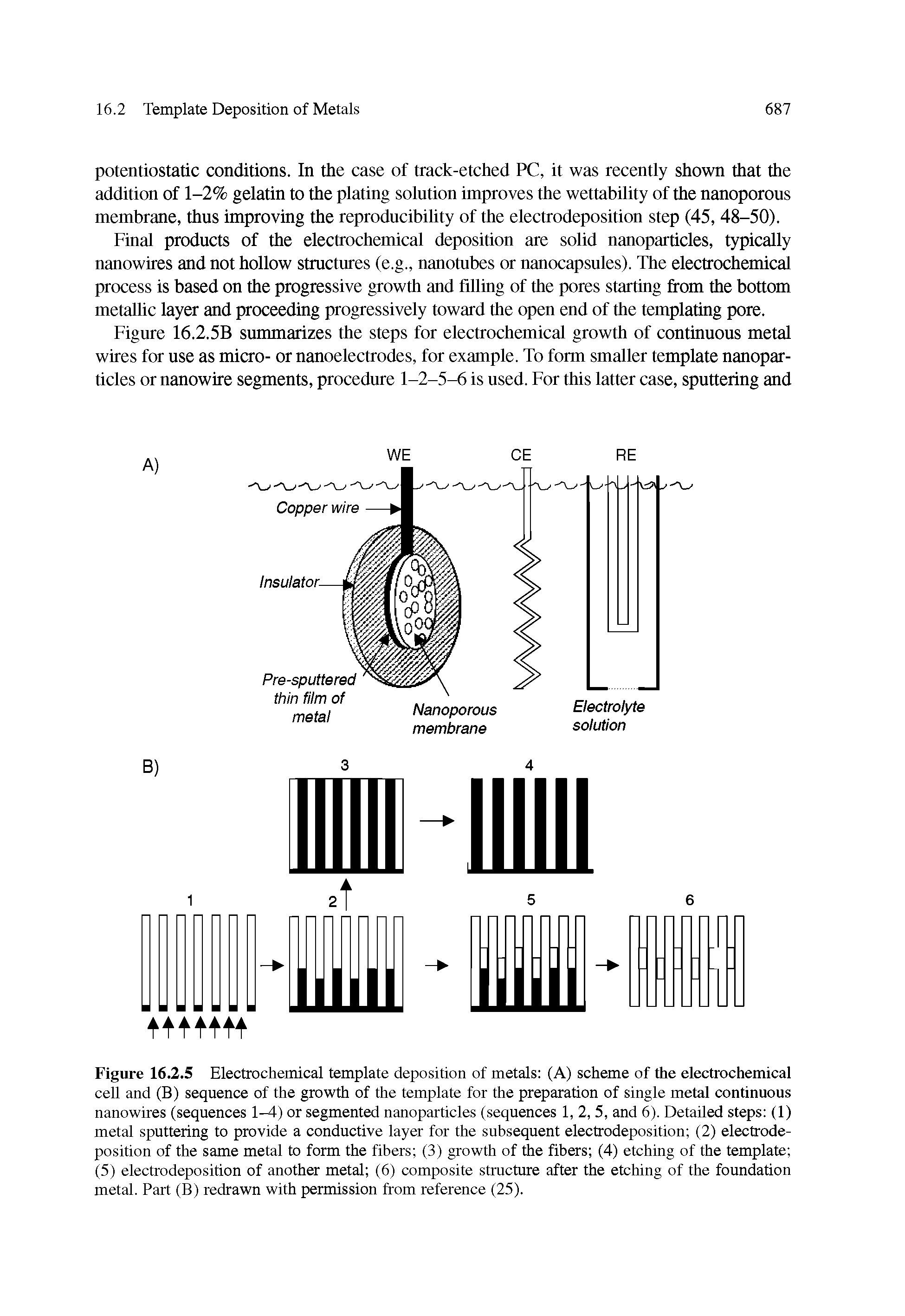 Figure 16.2.5 Electrochemical template deposition of metals (A) scheme of the electrochemical cell and (B) sequence of the growth of the template for the preparation of single metal continuous nanowires (sequences 1-4) or segmented nanoparticles (sequences 1, 2, 5, and 6). Detailed steps (1) metal sputtering to provide a conductive layer for the subsequent electrodeposition (2) electrodeposition of the same metal to form the fibers (3) growth of the fibers (4) etching of the template (5) electrodeposition of another metal (6) composite structure after the etching of the foundation metal. Part (B) redrawn with permission from reference (25).