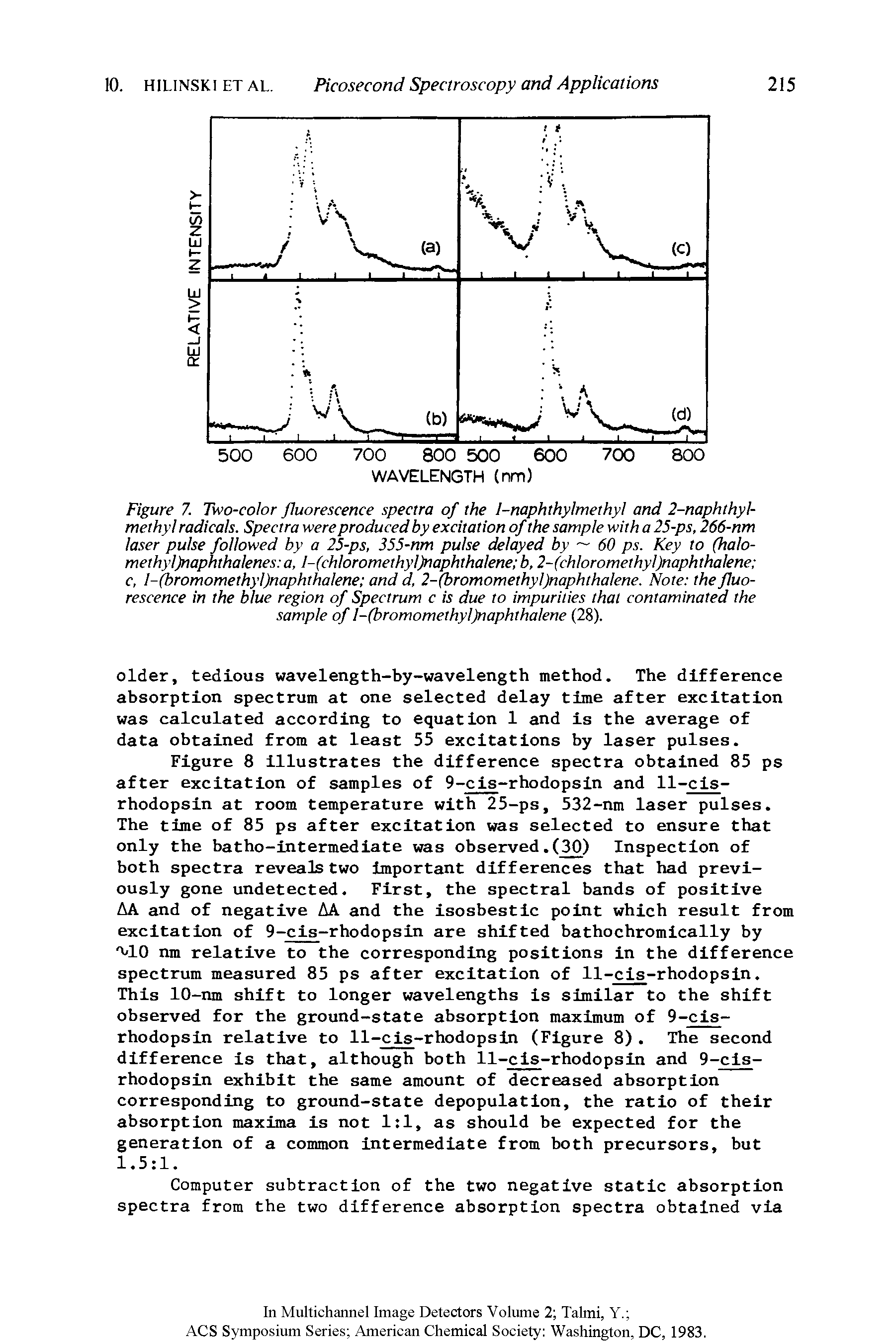 Figure 7. Two-color fluorescence spectra of the I-naphthylmethyi and 2-naphthyl-methyl radicals. Spectra were produced by excitation of the sample with a 25-ps, 266-nm laser pulse followed by a 25-ps, 355-nm pulse delayed by 60 ps. Key to (halo-methyljnaphthalenes a, I-(chIoromethyI)naphthaIene b, 2-(chloromethyl)naphthalene c, I-(bromomethyI)naphthalene and d, 2-(bromomethyl)naphthalene. Note the fluorescence in the blue region of Spectrum c is due to impurities that contaminated the sample of l-(bromomethyl)naphthalene (28).