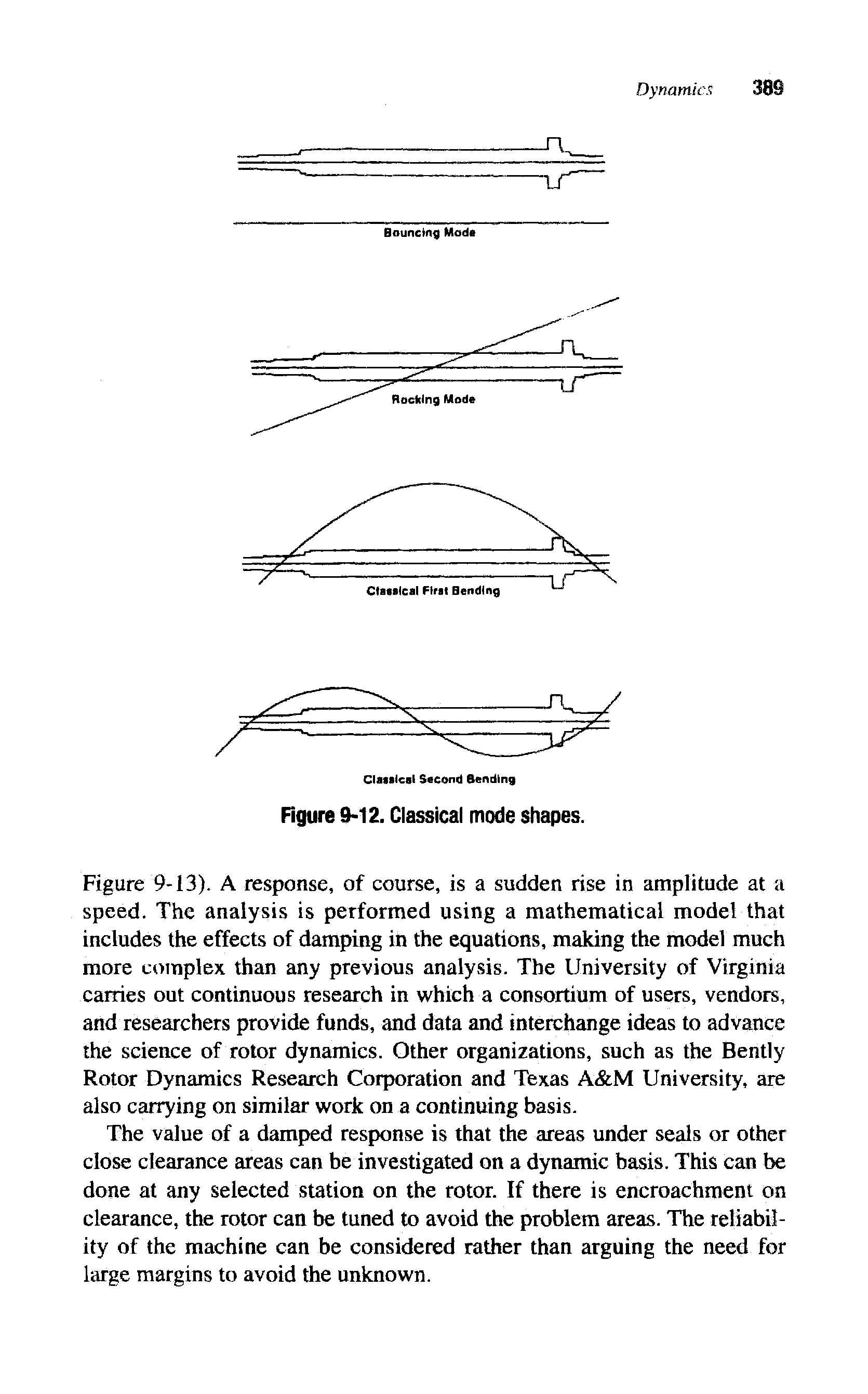 Figure 9-13). A response, of course, is a sudden rise in amplitude at a speed. The analysis is performed using a mathematical model that includes the effects of damping in the equations, making the model much more complex than any previous analysis. The University of Virginia carries out continuous research in which a consortium of users, vendors, and researchers provide funds, and data and interchange ideas to advance the science of rotor dynamics. Other organizations, such as the Bently Rotor Dynamics Research Corporation and Texas A M University, are also carrying on similar work on a continuing basis.