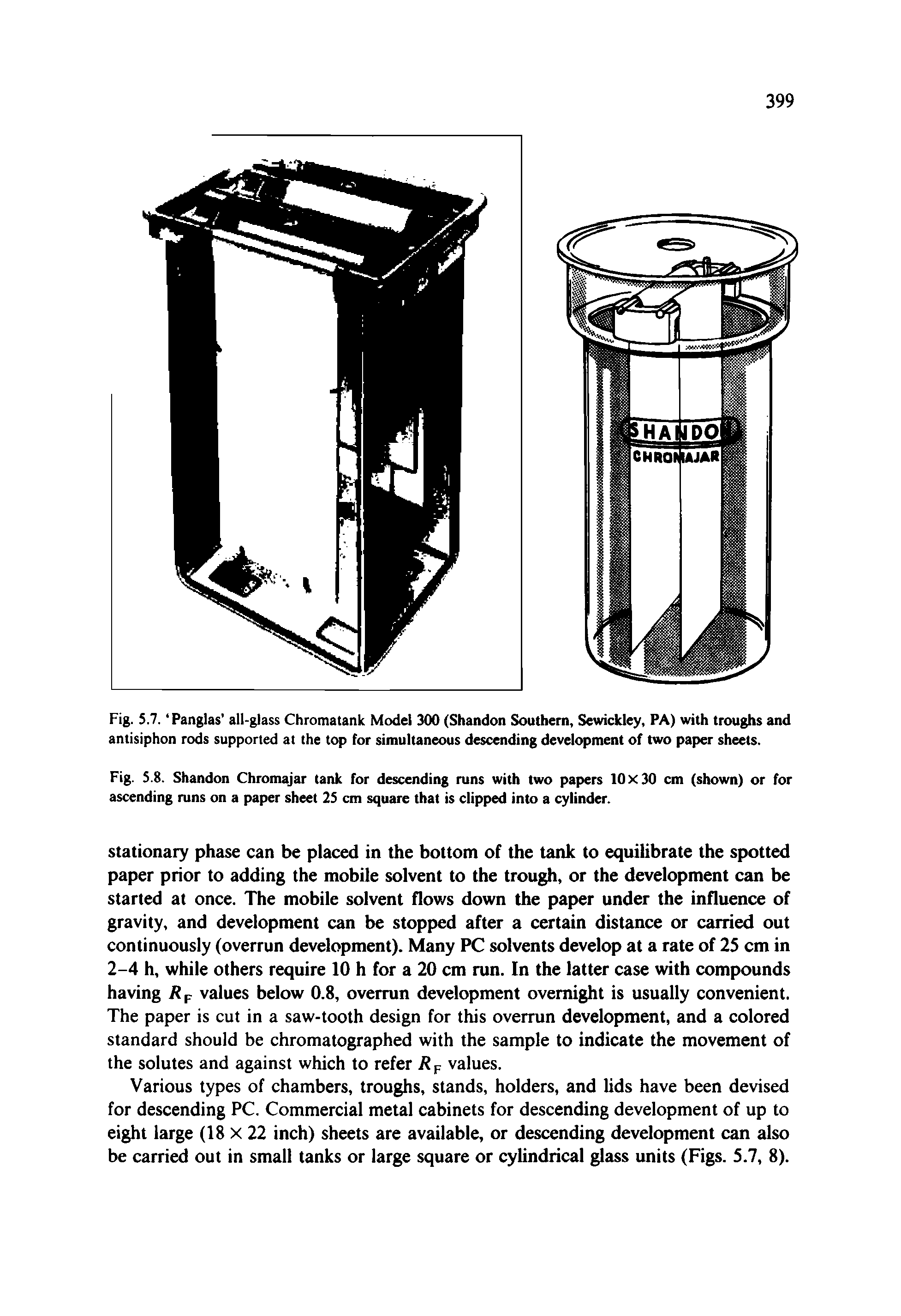 Fig. 5.7. Panglas all-glass Chromatanlc Model 300 (Shandon Southern, Sewickley, PA) with troughs and antisiphon rods supported at the top for simultaneous descending development of two paper sheets.