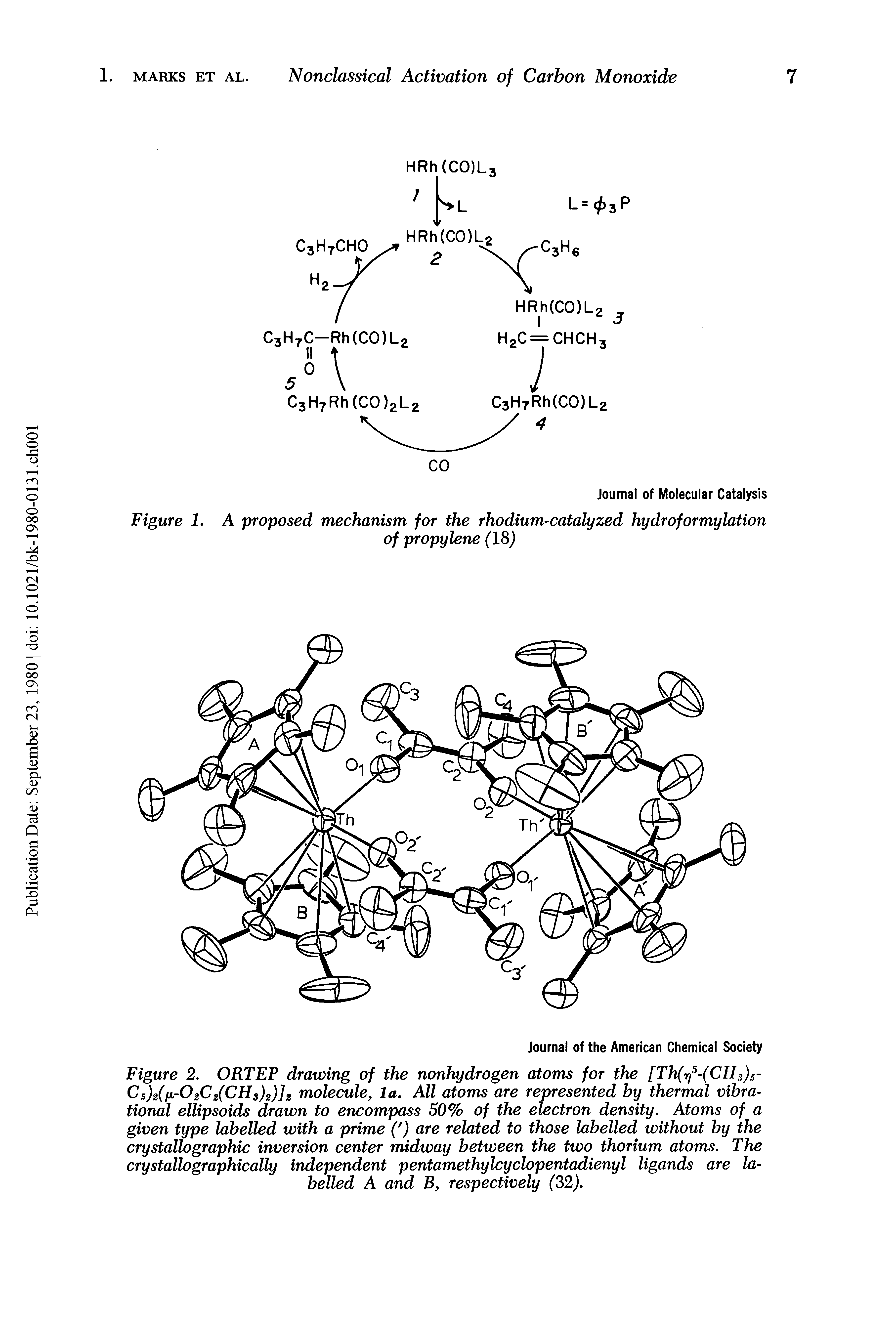 Figure 2. ORTEP drawing of the nonhydrogen atoms for the [Th(r)5-(CH3)5-C5)2( -02C2(CHS)2)]2 molecule, la. All atoms are represented by thermal vibrational ellipsoids drawn to encompass 50% of the electron density. Atoms of a given type labelled with a prime ( ) are related to those labelled without by the crystallographic inversion center midway between the two thorium atoms. The crystallographically independent pentamethylcyclopentadienyl ligands are labelled A and B, respectively (32).