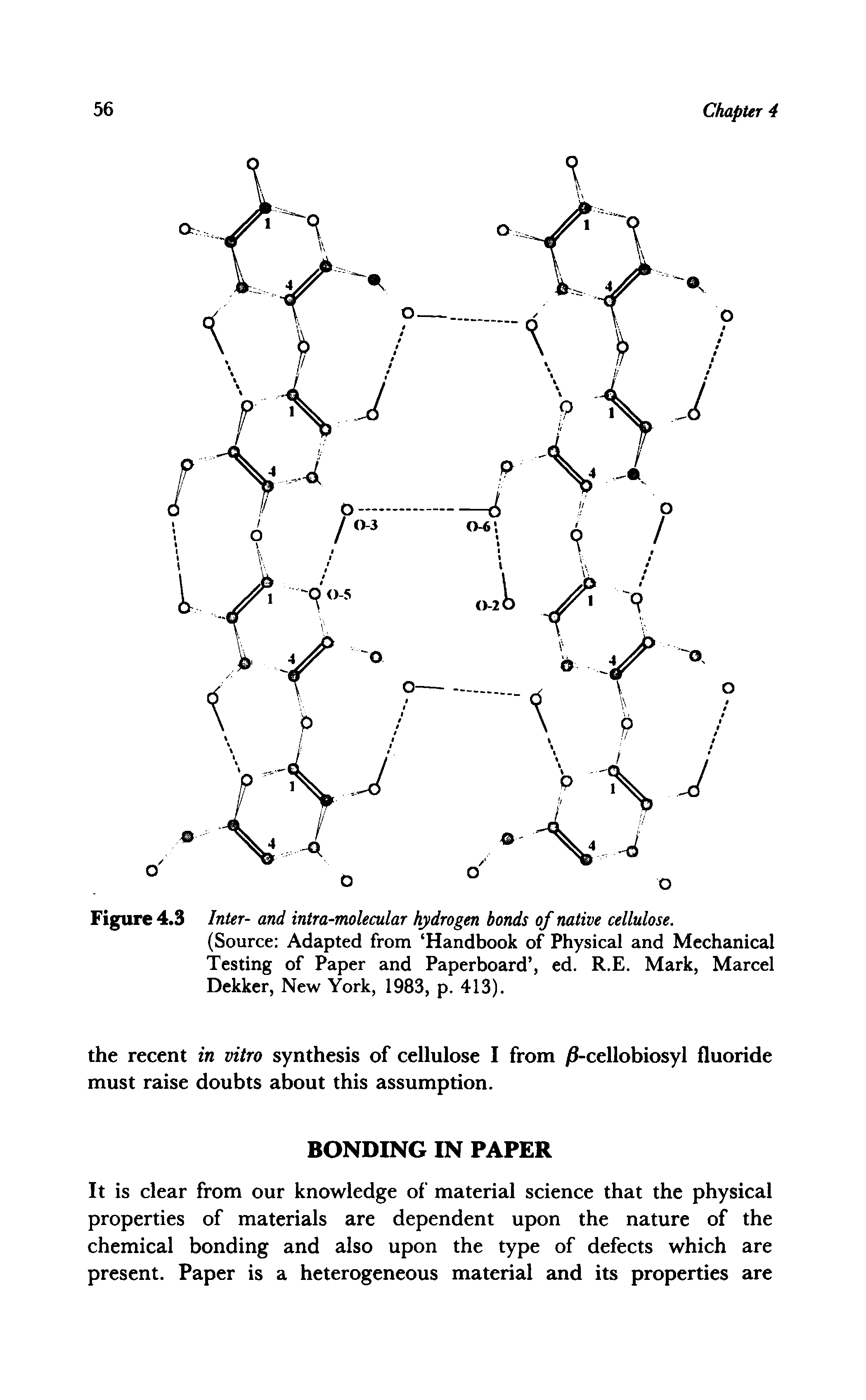 Figure 4.3 Inter- and intra-molecular hydrogen bonds of native cellulose.